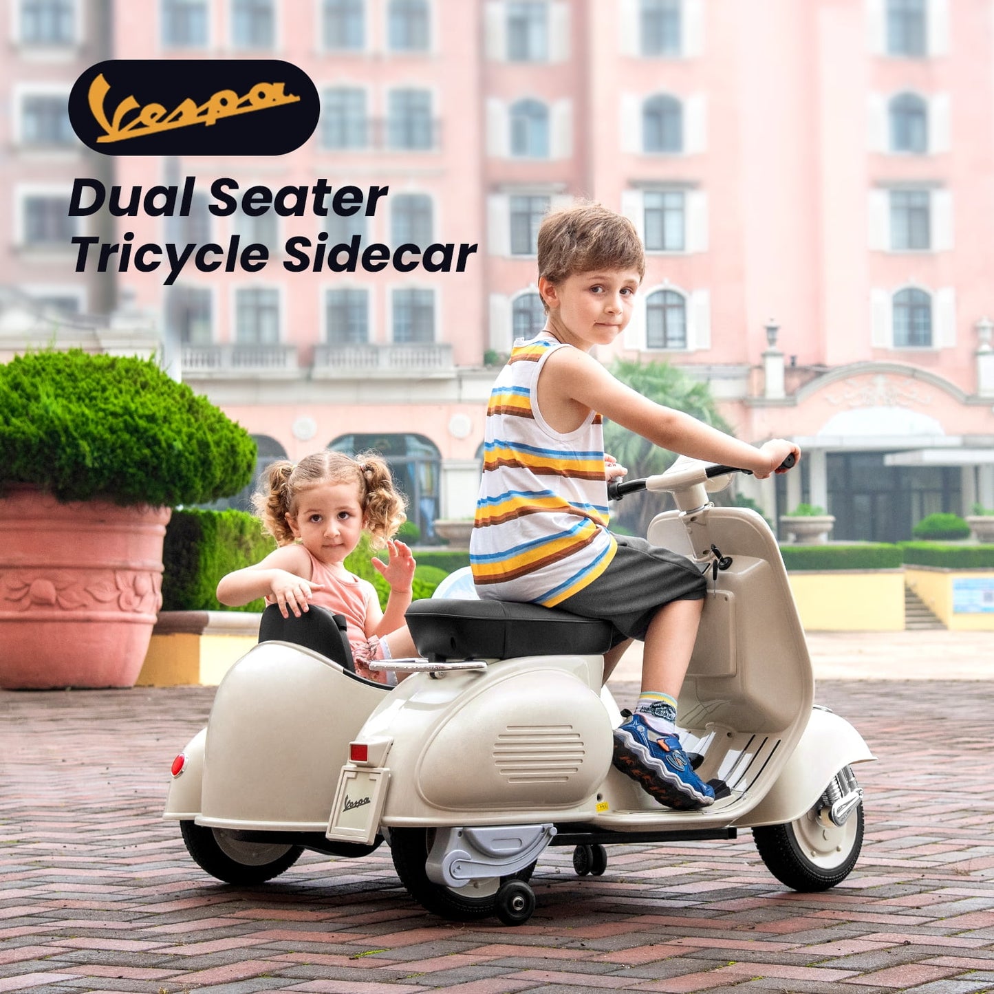 Track Seven 12V Licensed Vespa Ride on Motorcycle with Side Car, 2-Seater Electric Car for Kids Age 3+, Music, Max Speed 4.8mph, Grey