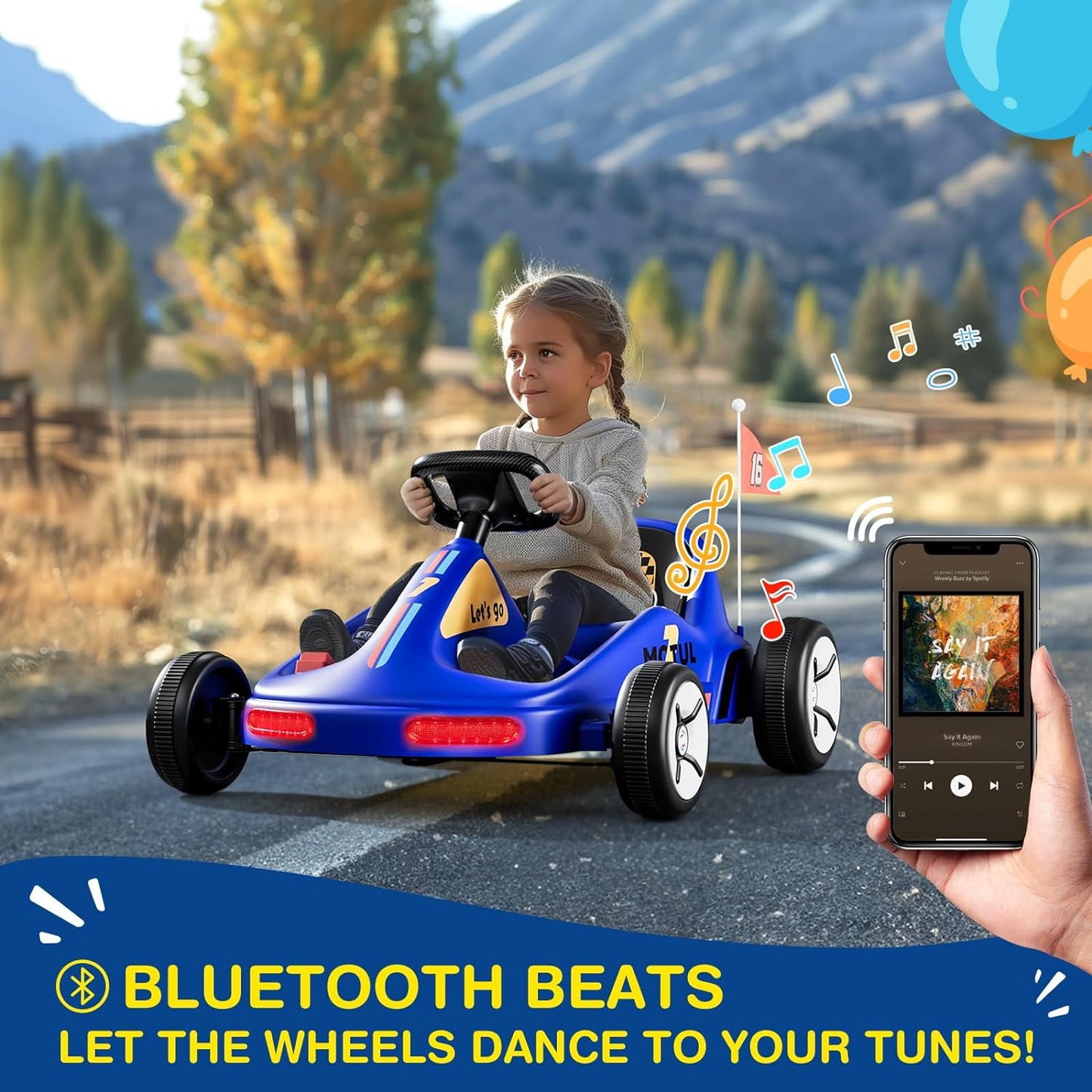 Track Seven 12V Ride on Car, Kids Electric Drifting Go Kart with Remote Control, Flashing Taillight, Bluetooth, Storytelling, Max Speed 3.7 mph, Portable Electric 4-Wheeler Car for Kids Age 3+, Blue