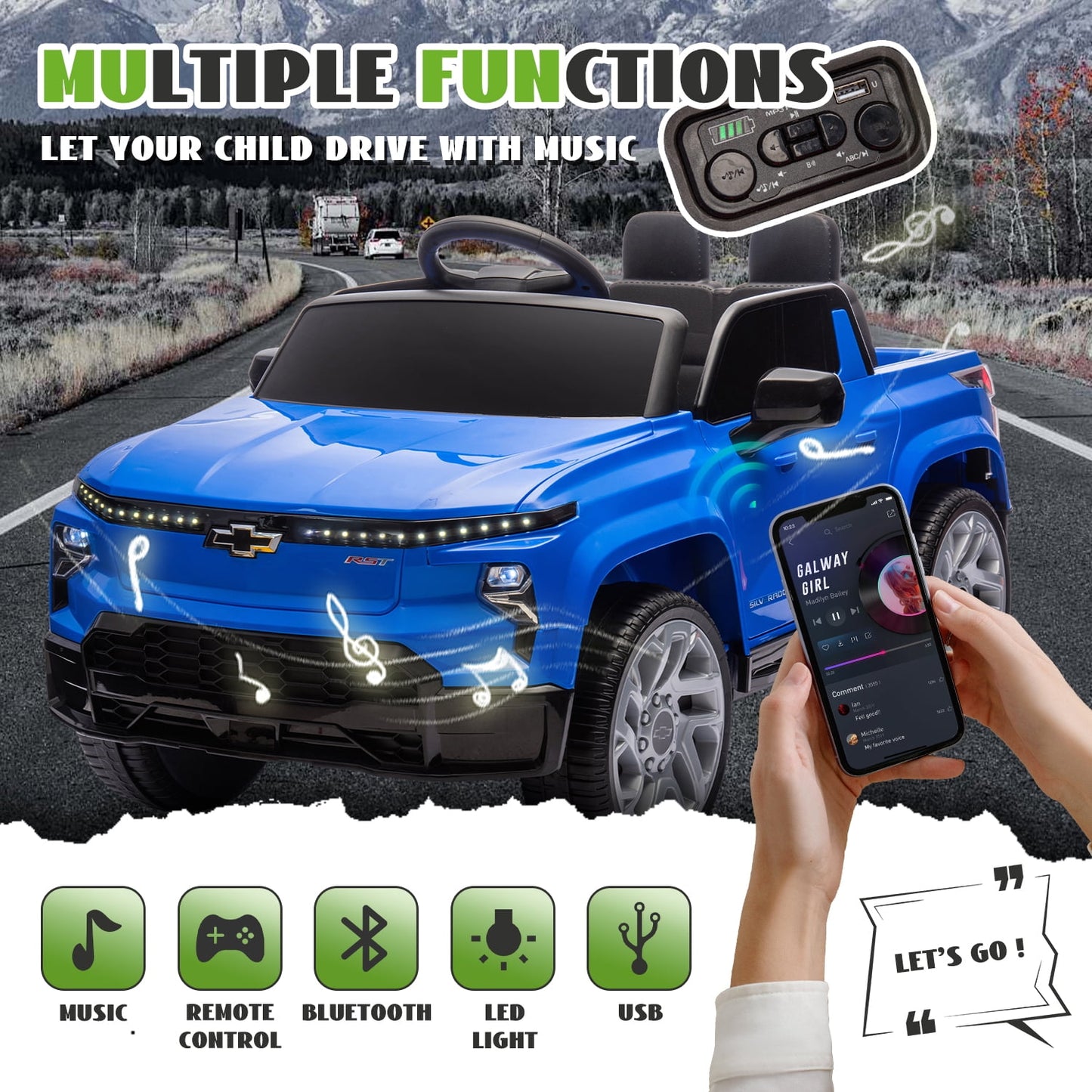 Track Seven 24V Ride on Car, Licensed Chevrolet Silverado Electric Car Truck with Remote Control, Bluetooth, LED Lights, Power Display, Rear Storage Ride on Toy Car for Boys Girls Age 3+, Blue