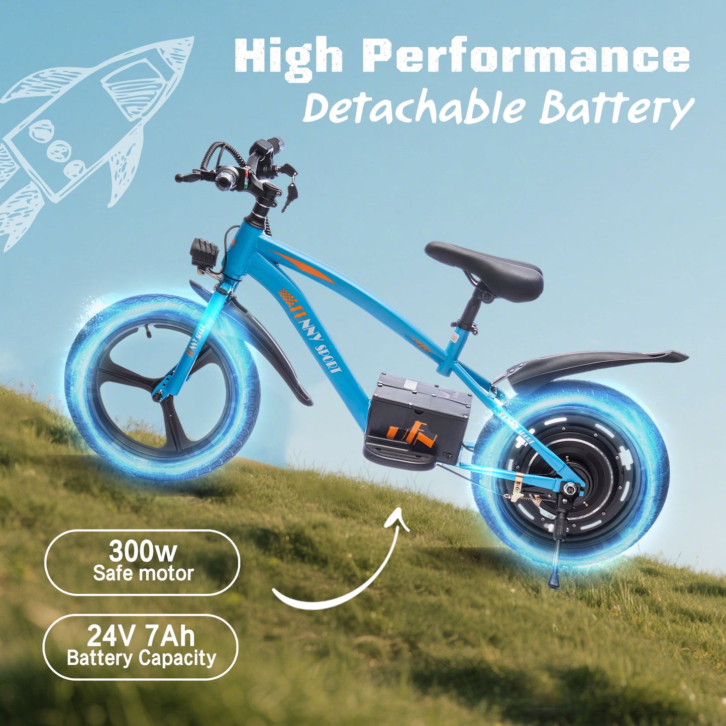 Track Seven 24V Kids Electric Dirt Bike, Ride on Mini Bike, 300W Super Power Motor, Up to 12.43 MPH, 16" Wheels, Adjustable Seat Height, Bright Headlight, Hand-Operated Brakes for Ages 5+, Blue