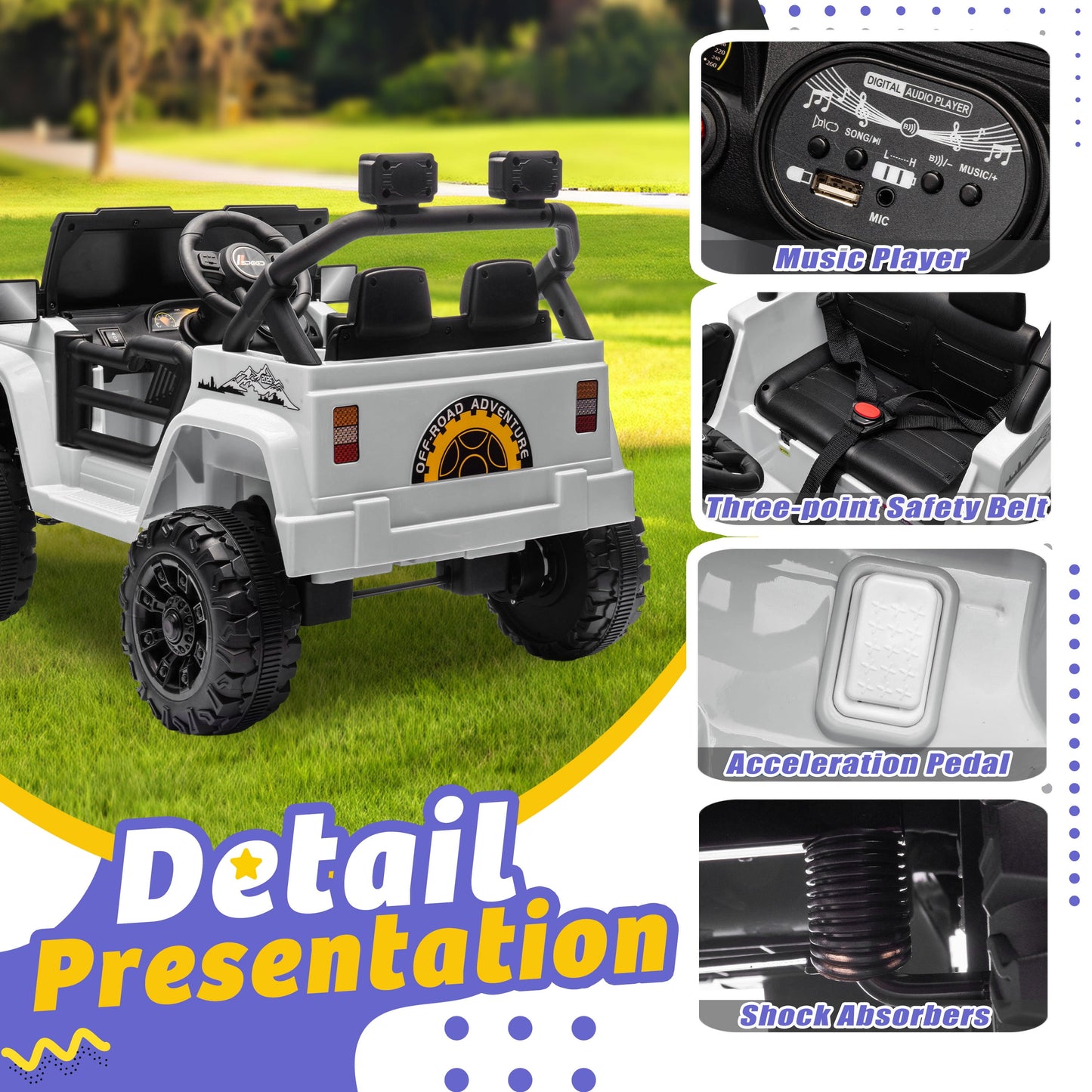 Track Seven 12V Kids Ride on Truck, Electric Car with Remote Control, Off-Road Truck for Boys Girls age 3+, Music, Bluetooth, Spring Suspension with DIY Stickers, White
