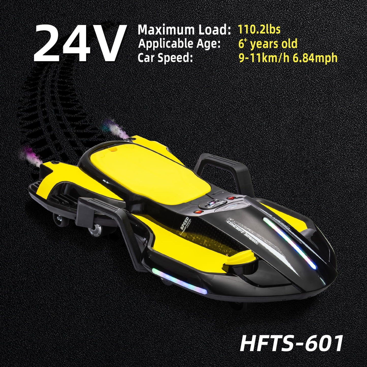LISUEYNE 24V Ride on Car with Helmet, Knee Pads, Gloves, Devilfish Pattern Ride on Electric Scooter with Spray Function, Gravity Steering, Music, Hnadrails, Max Speed 6.84 mph, Black&Yellow