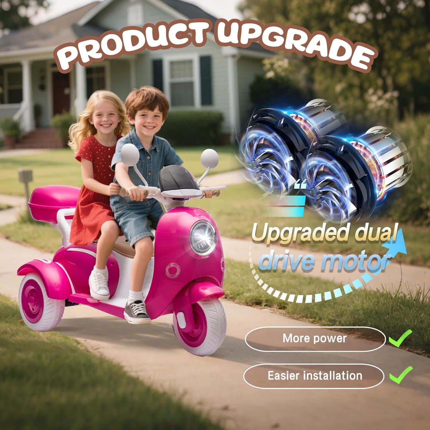 Track Seven 12V Ride on Motorcycle, 2-Seater Electric Motorcycle with Dual Motor, 3 Wheels Motorbike with Bluetooth, LED Lights, Storage Box, Front Hook, Ride on Toy Car for Boys Girls Aged 3+, Rose