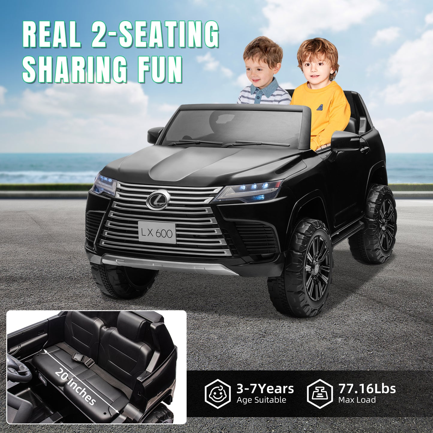 Track Seven 24V 2 Seater Ride on Car, Licensed LEXUS LX600 Electric Car with Remote, 20" Width Seat, Bluetooth, LED Lights, Key Start, Portable Handle, 24V Ride on for Boys Girls Age 3+, Black