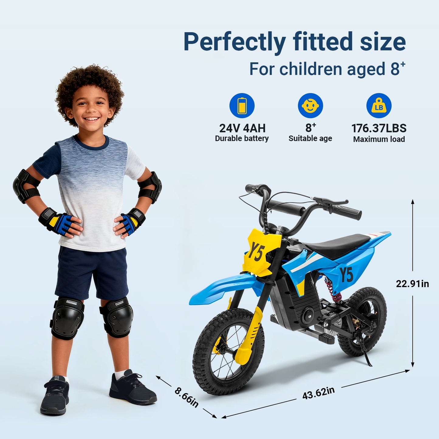 Track Seven 24V Electric Dirt Bike, 250W Ride on Motorcycle, 3 Speed Up-to 9.32 mph, Battery Display, Rear Suspension, Disc Brake, Bluetooth, LED Light, Electric Motocross Bike for Kids Aged 8+, Blue