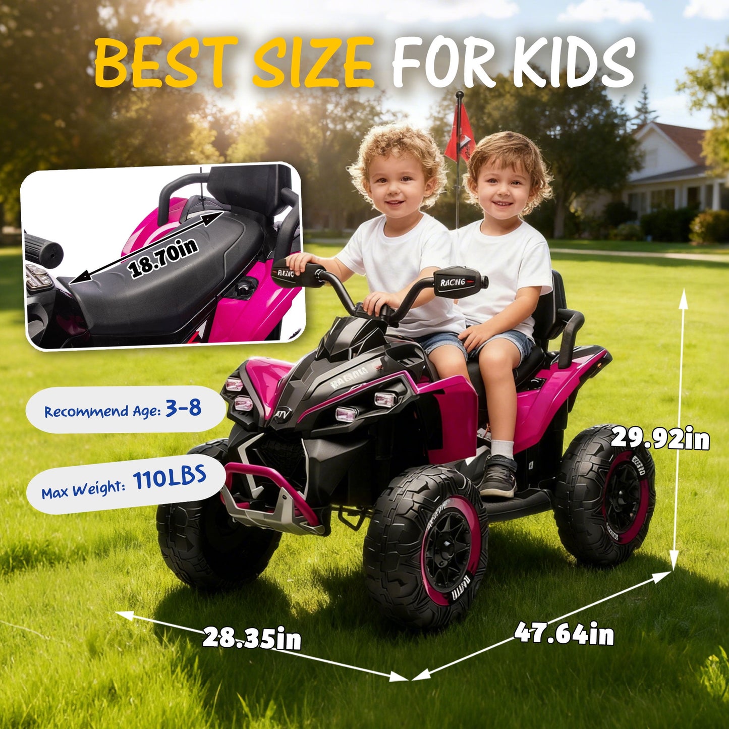 Track Seven 24V Kids Ride-On ATV, Four Wheeler Quad Electric Car with Remote, 2 Speeds, Bluetooth, LED Light, English Storytelling, Shock Absorber, Kids Electric ATV for Boys Girls Aged 3+, Pink