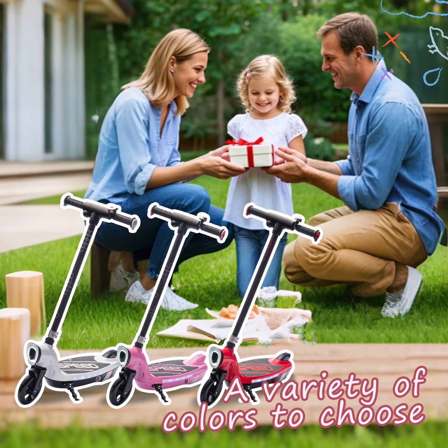 Track Seven 12V Electric Scooter for Kids, Front Big Light, Colorful Lights, Bell, 6.5" Wide Pedal, Rear Wheel Brake, Max 6.84MPH, Kids Electric Kick Scooters for Teens Boys Girls Aged 6+, Red