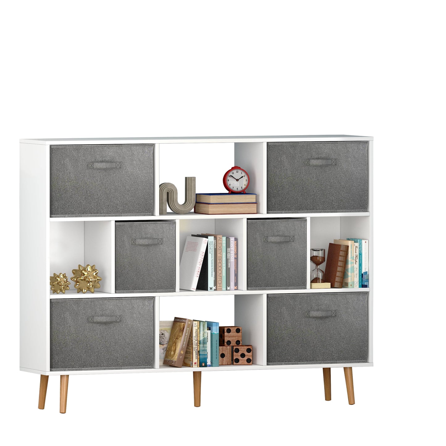 COOKCOK 11-Cube Storage Organizer, Bookshelf with Storage Bins, 4 Tier Freestanding Open Bookshelf with 6 Nonwoven Fabric Drawers,White