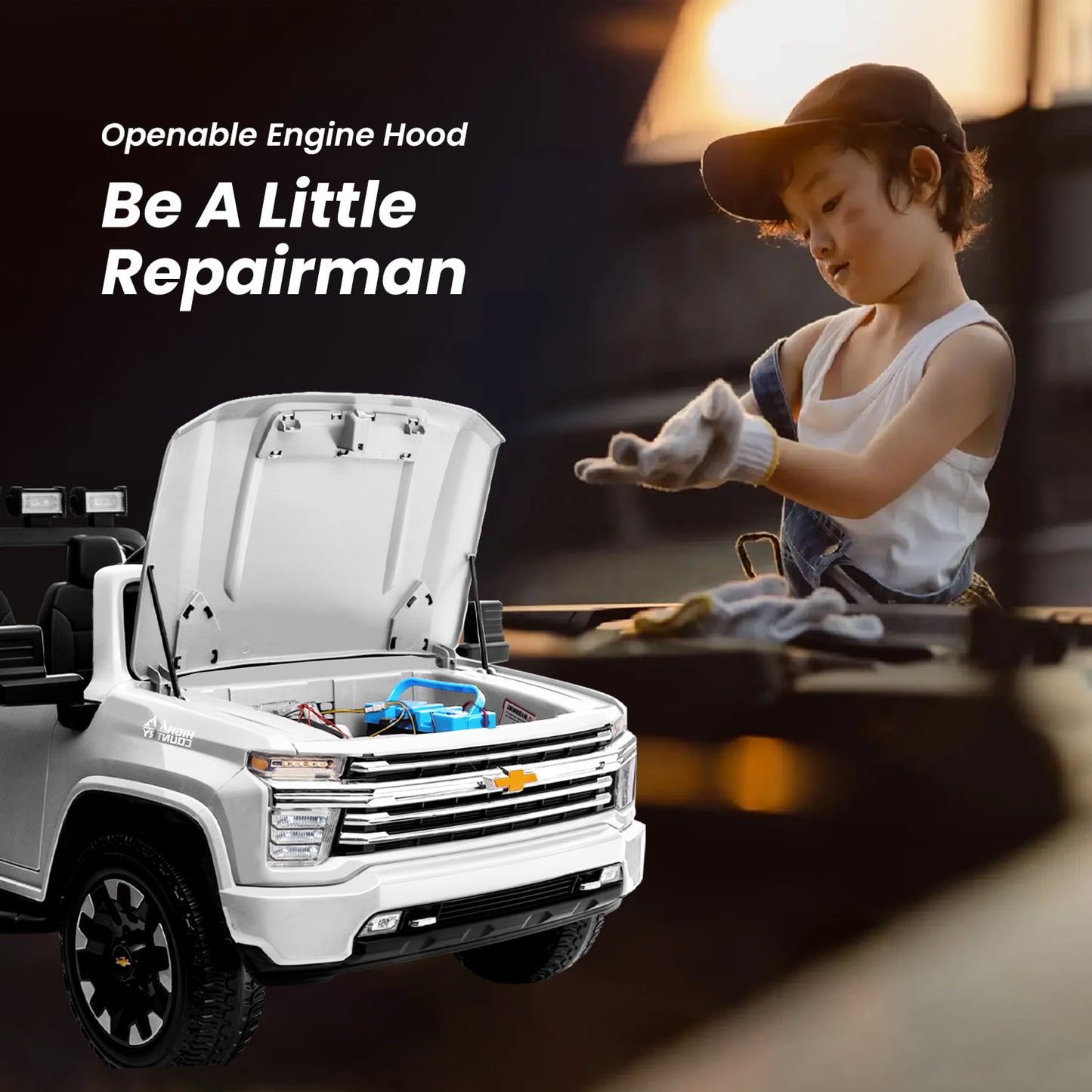 Track 7 24V Ride on Car, Licensed Silverado HD 2 Seater Electric Car for Boys Girls Age 3+, 24V Ride on Truck w/Remote Control, Music, ABC, White