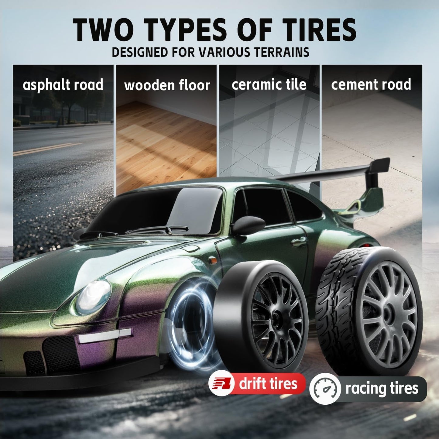 Track Seven RC Drift Car, 1:24 Scale Remote Control Vehicle with LED Lights, 2.4GHz 20KM/H 4WD High Speed RC Cars, Drifting Tires&Two Batteries, Racing Sports Toy Idea Gift for Adults Boys Girls