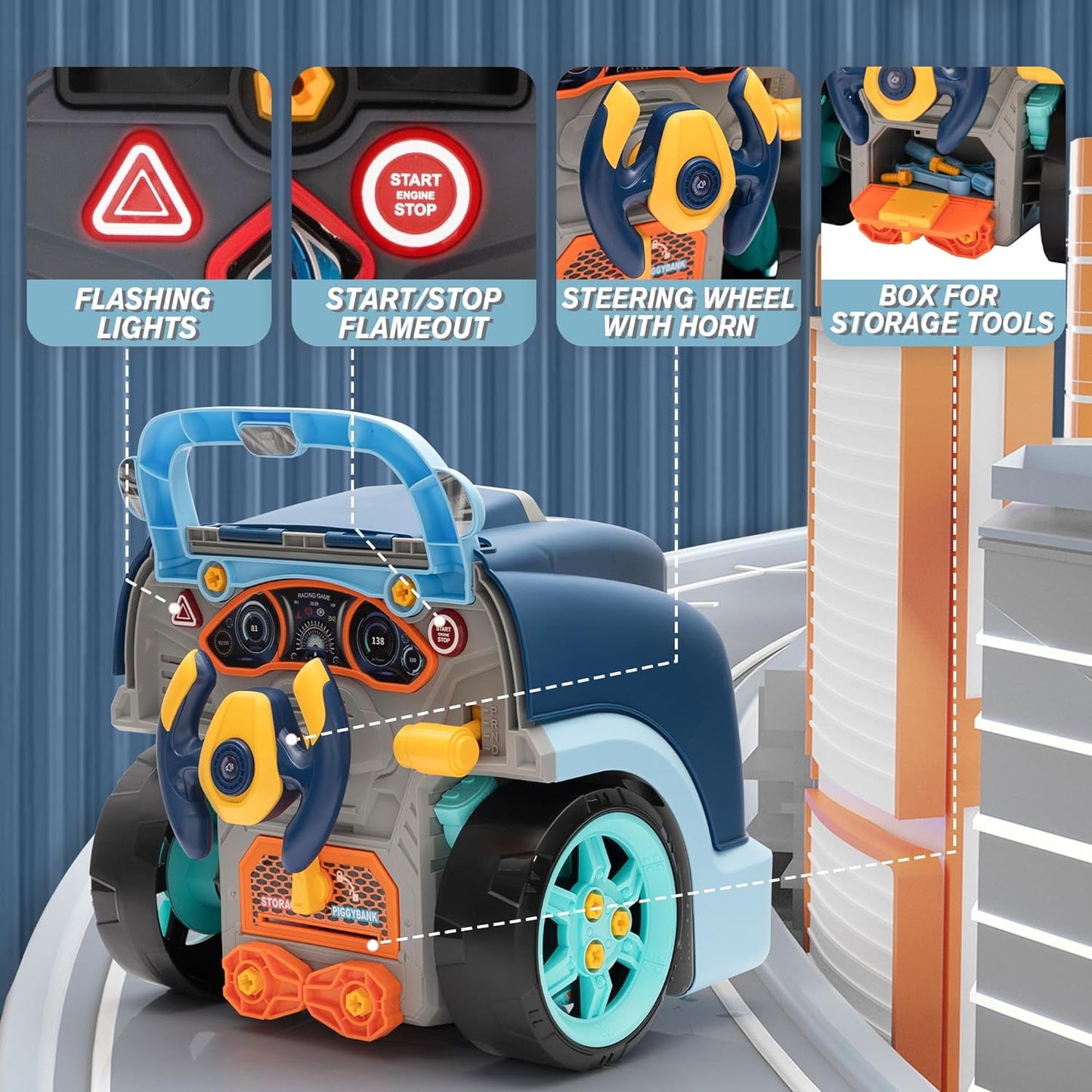Track Seven Interactive Car Engine Toy Set, Kids Mechanic Repair Set, Build and Play with Engine Building Kit, Large Truck Toy Engine, Gifts Boy and Girls Child, Blue