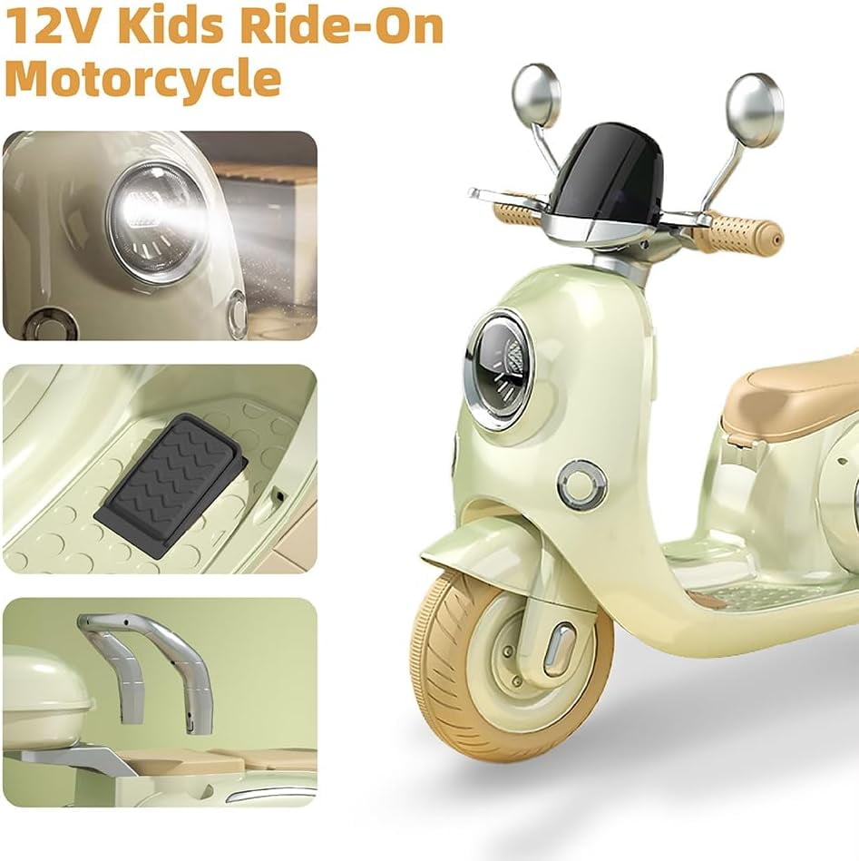Track 7 12V Kids Ride on Motorcycle, 3 Wheels Powered Motorbike for Kids Ride with Mp3, Bluetooth, Headlight, Storage Box for Kids Aged 3+, Yellow