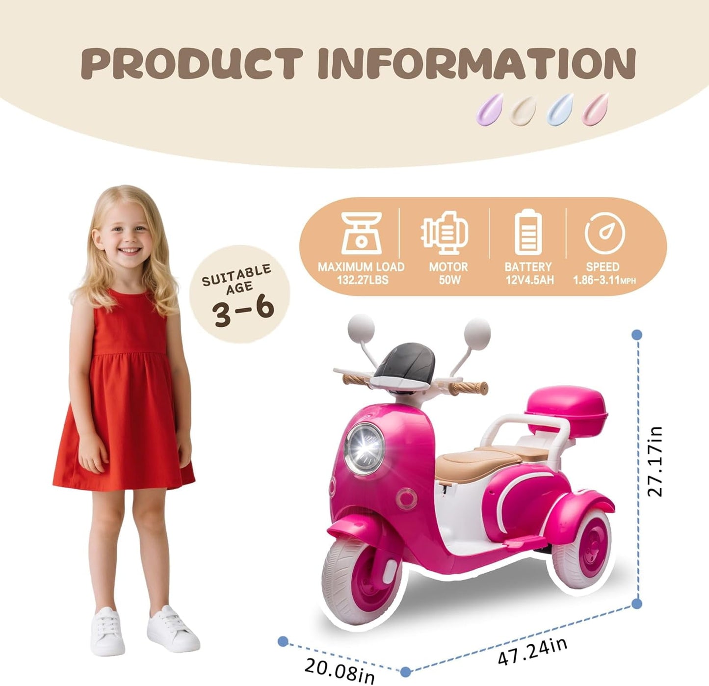 Track Seven 12V Ride on Motorcycle, 2-Seater Electric Motorcycle with Dual Motor, 3 Wheels Motorbike with Bluetooth, LED Lights, Storage Box, Front Hook, Ride on Toy Car for Boys Girls Aged 3+