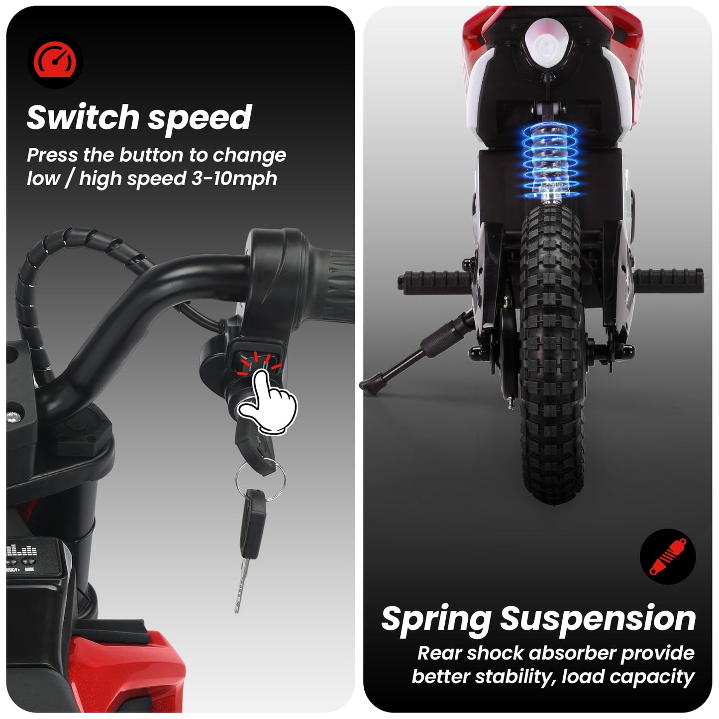 Track Seven 24V Electric Dirt Bike, 200W Motocross Ride on Motorcycle with Hand Operated Brakes, Adjustable Speed, LED Lamp, Music, Max Speed 10mph, Electric Motorcycle for Kids Age 5+, Red