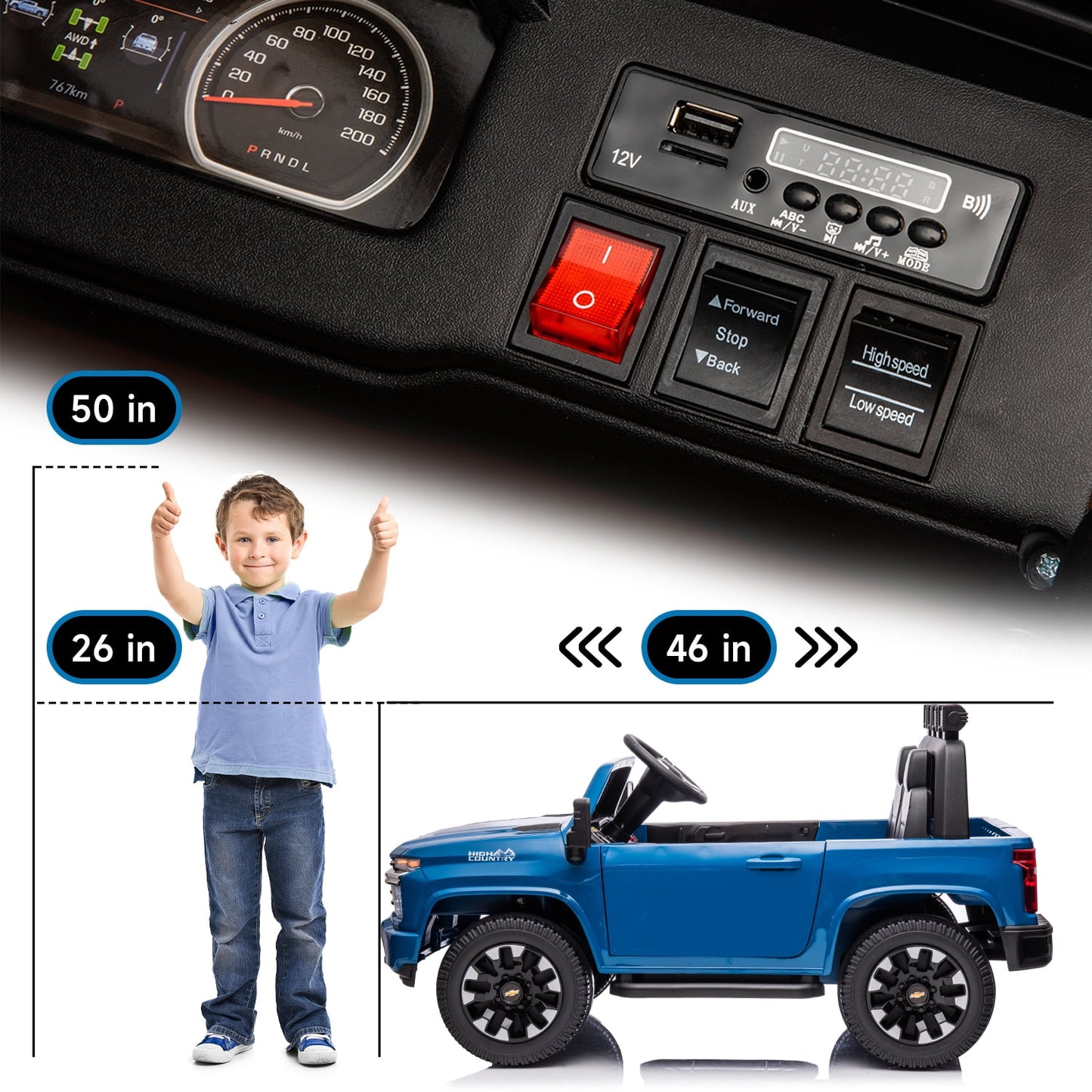 Track Seven 24V Ride on Car, Licensed Silverado HD 2 Seater Electric Car for Boys Girls Age 3+, 24V Ride on Truck w/Remote Control, Music, ABC, Blue