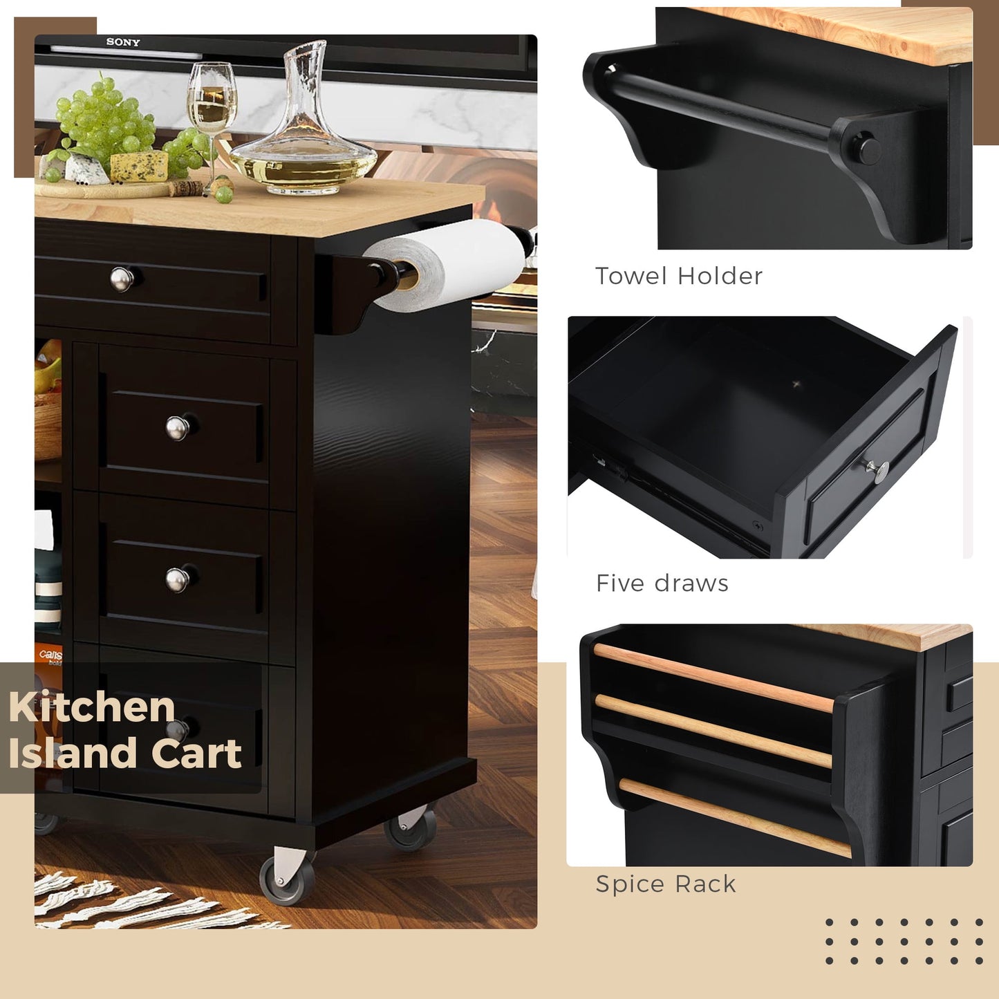COOKCOK Kitchen Cart with Wood Countertop, Rolling Mobile Kitchen Island Cart with 5 Drawers, Open Storage Shelves, Towel Rack, 53" Width, Black