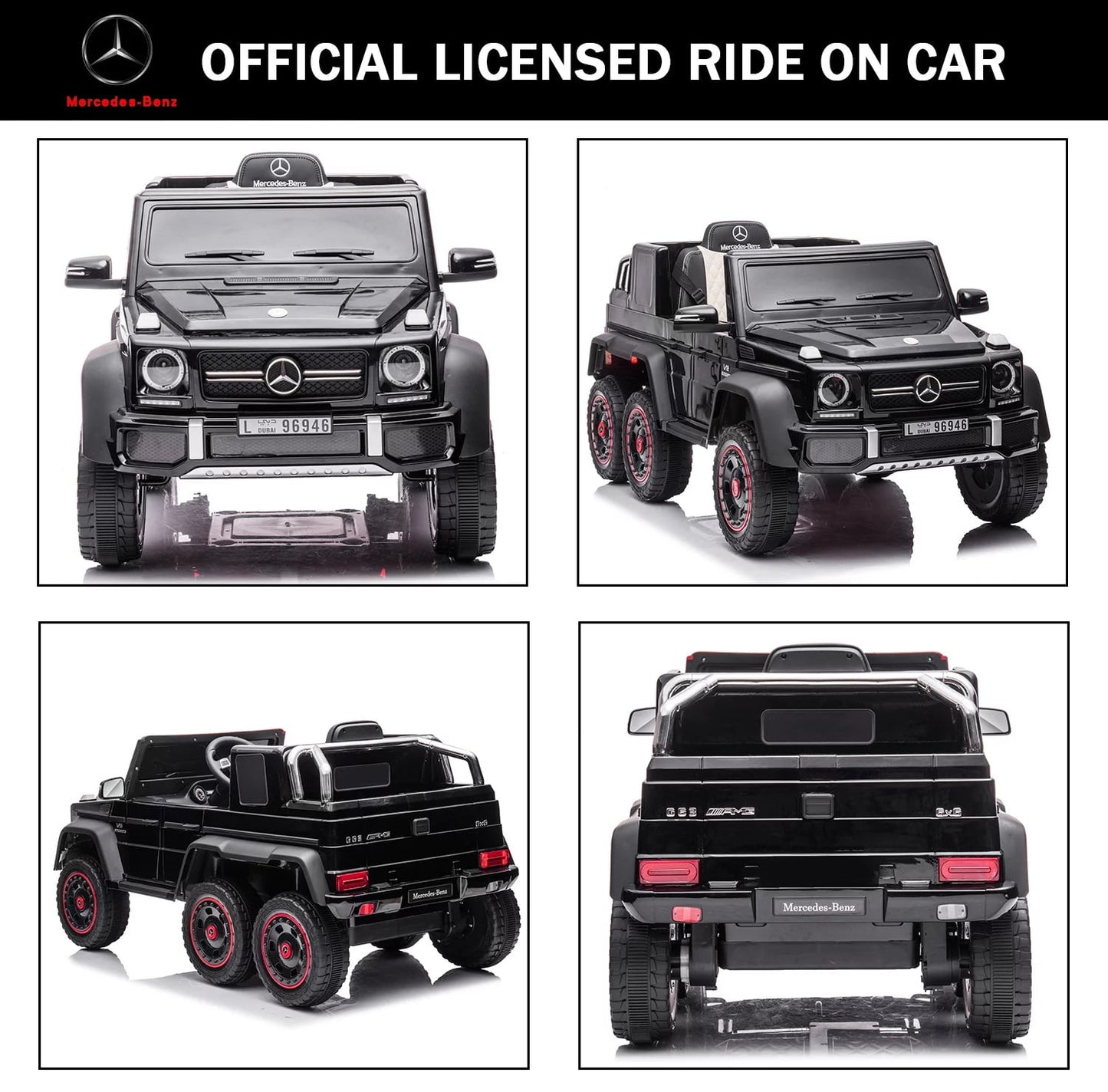 Track Seven 24V Ride on Car, Licensed Mercedes Benz G63 24V Electric Car with Remote Control, Music, Bluetooth, Leather Seat, 6 Wheels Kids Ride on Truck, Black