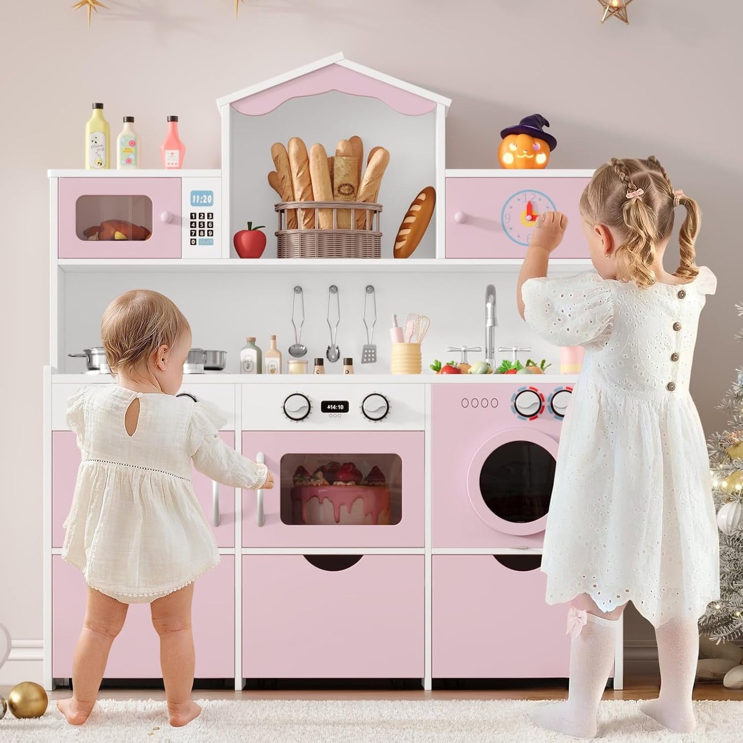 Track Seven Wooden Play Kitchen for Kids and Toddler, Toy Kitchen Playset with Plenty of Pretend Play Features and Storage Drawers, Gift for Boys and Girls, Pink
