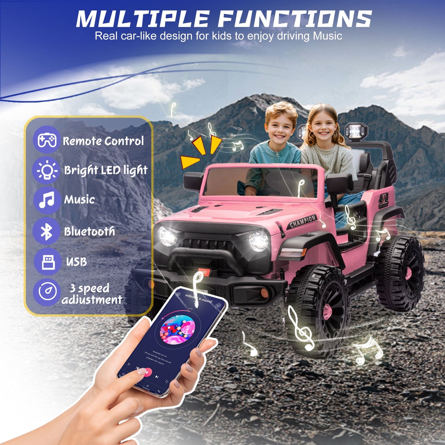 Track Seven 24V Ride on Truck, 2 Seater Ride On Toy Car for Big Kids, 19.7" Large Wide Seat, 4WD Electric Truck Car with Music, Bluetooth, Light and Searchlight, Max Speed 4.35 mph, Pink