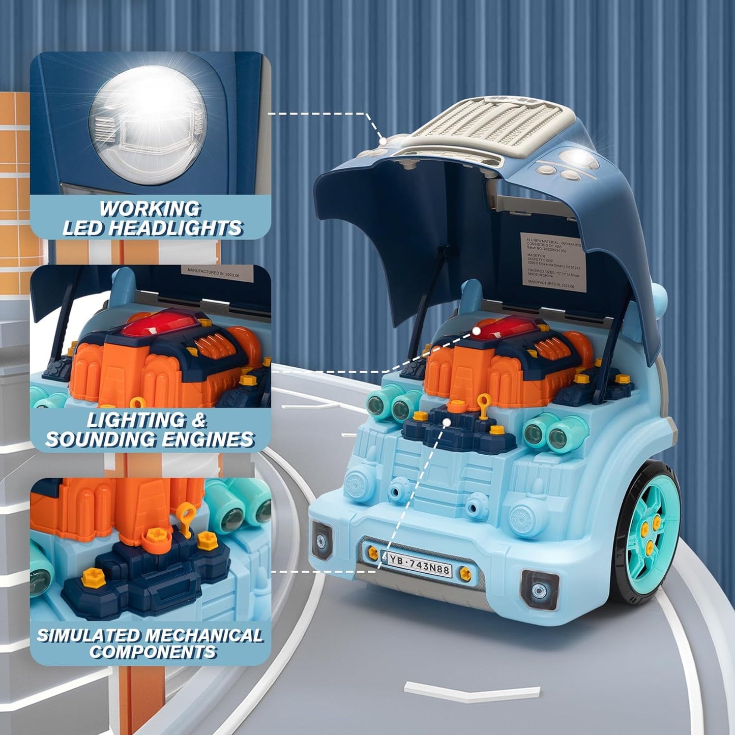 Track Seven Interactive Car Engine Toy Set, Kids Mechanic Repair Set, Build and Play with Engine Building Kit, Large Truck Toy Engine, Gifts Boy and Girls Child, Blue