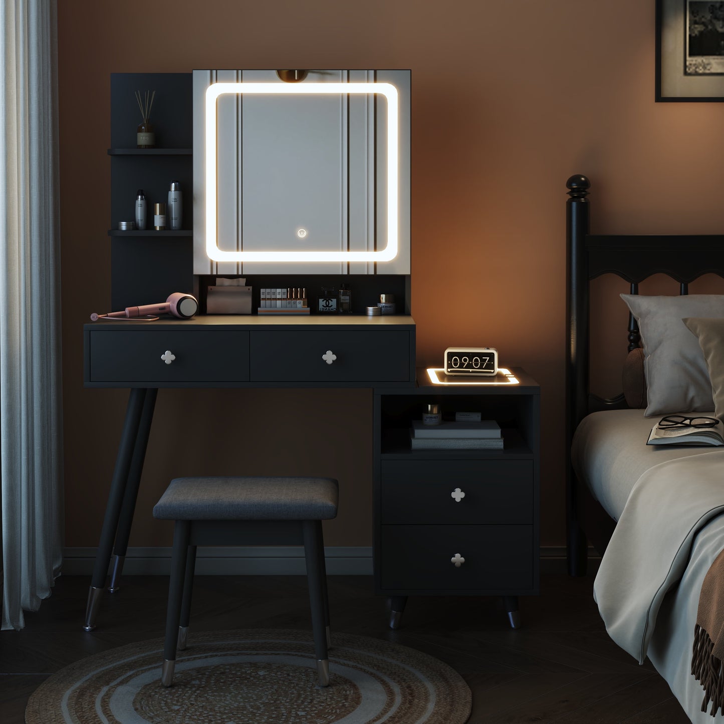 COOKCOK Vanity Desk, Vanity Mirror with Lights and Table Set with 4 Drawers, Vanity Set with Stool and Power Outlet, 3 Lighting Modes Brightness Adjustable for Bedroom Studio