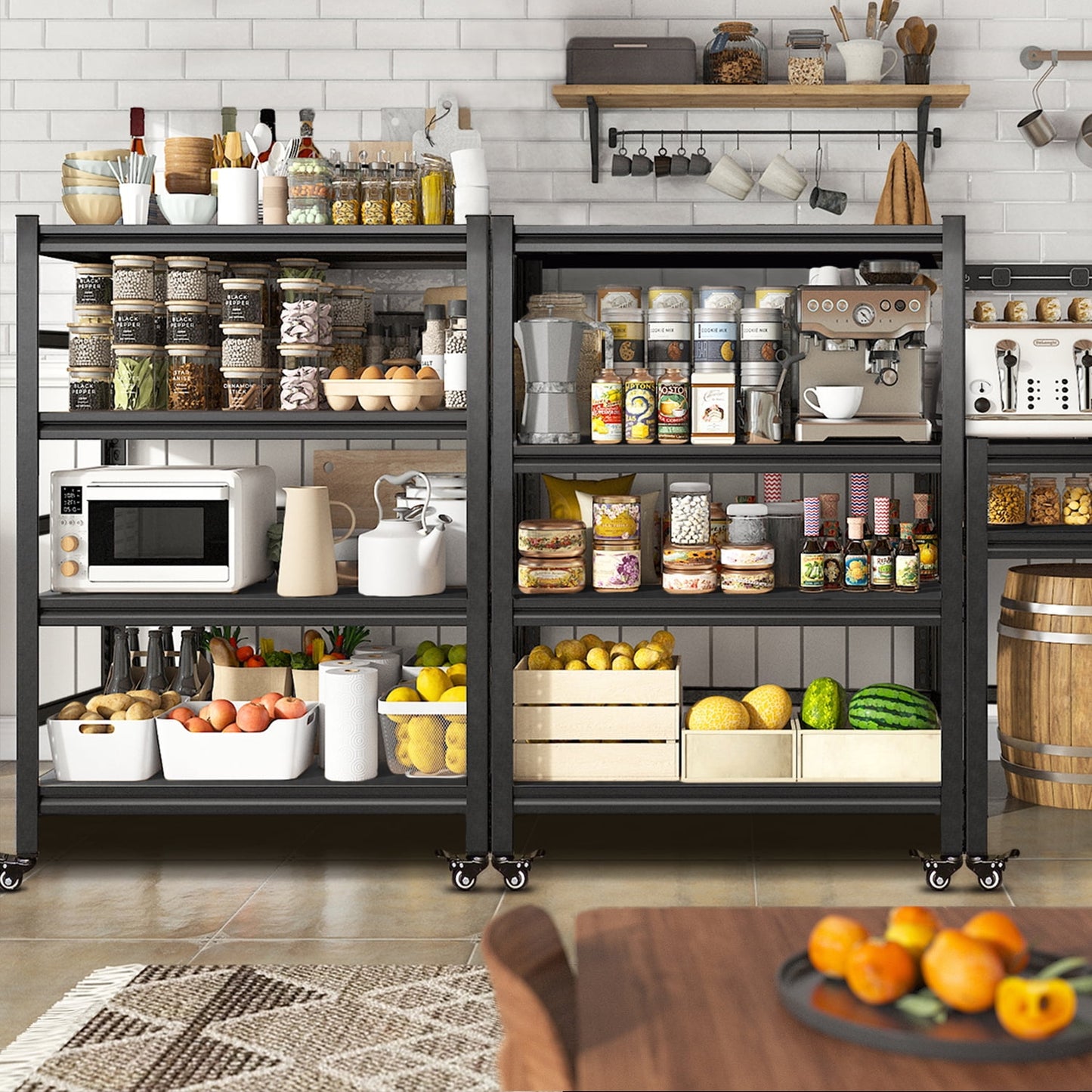 COOKCOK 4-Tier Storage Shelving Unit, Metal Shelf with Wheels, 39.4"x15.8"x 50", Adjustable Garage Storage Shelf, Load Up to 1600LBS, Kitchen Shelf with Protective Side