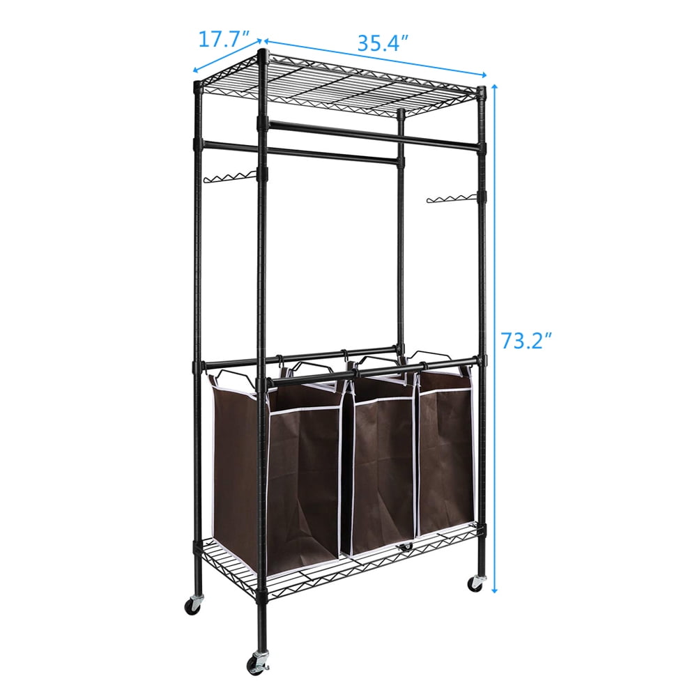 COOKCOK Rolling Laundry Basket Organizer with Wheels and Hanging Bar, Laundry Hamper Cart Laundry Sorter 3 Section, Dirty Clothes Hampers for Laundry Bedroom Bathroom