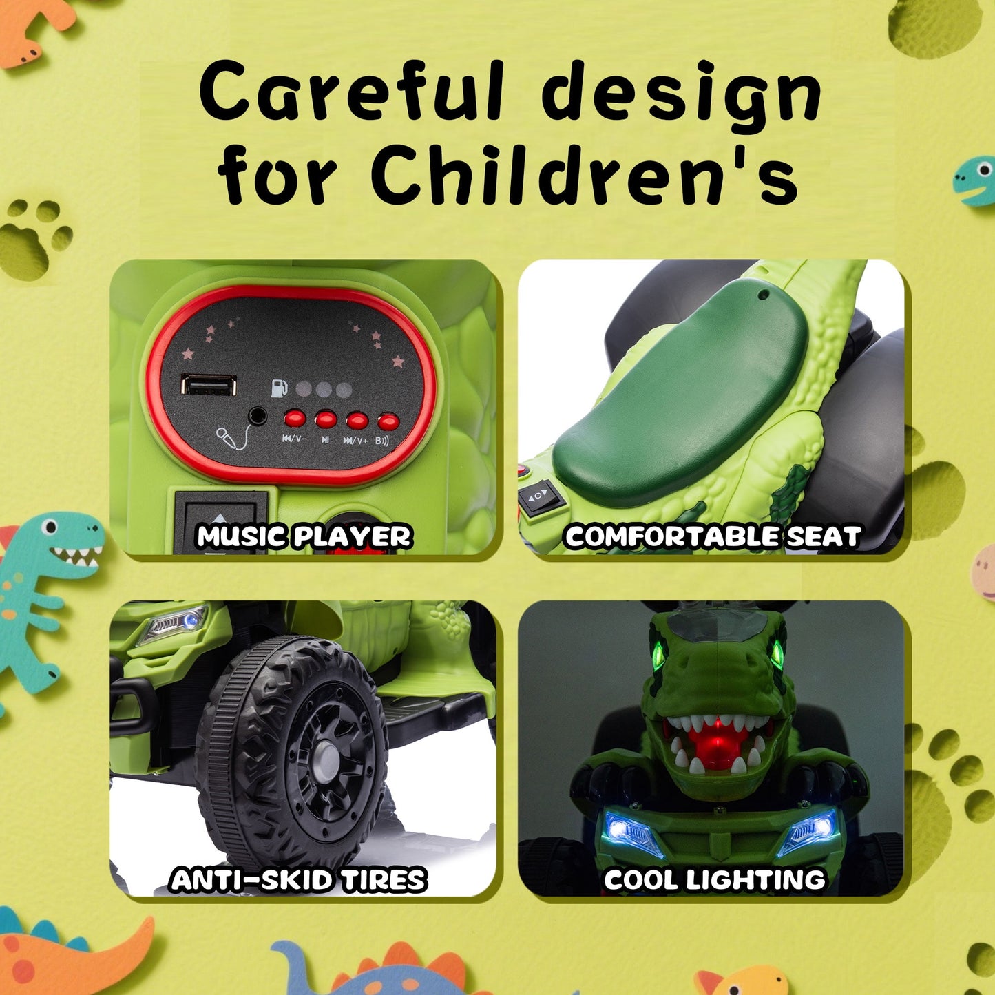 Track Seven 12v Ride-On Electric ATV, Dinosaur Shape Car, 2WD, Music, Bluetooth & Microphone, Power Display, Indoor& Outdoor Ride-On Toy for Boys Girls Age 2-5, Green