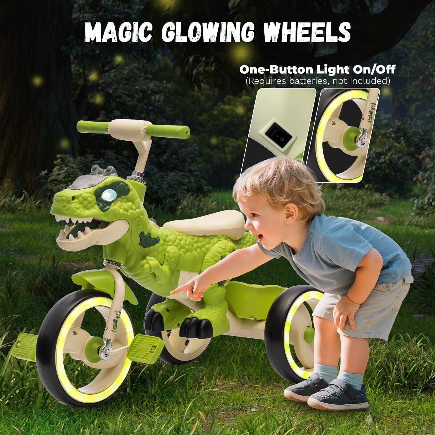 Track Seven Dinosaur Kids Tricycle for Rider, Toddlers Trike Bike with Music, LED Lights, Storage Basket, 360 ° Swivel Steering, Preschool Daycare Kids Bike for Boys Girls 2+ Years, Green