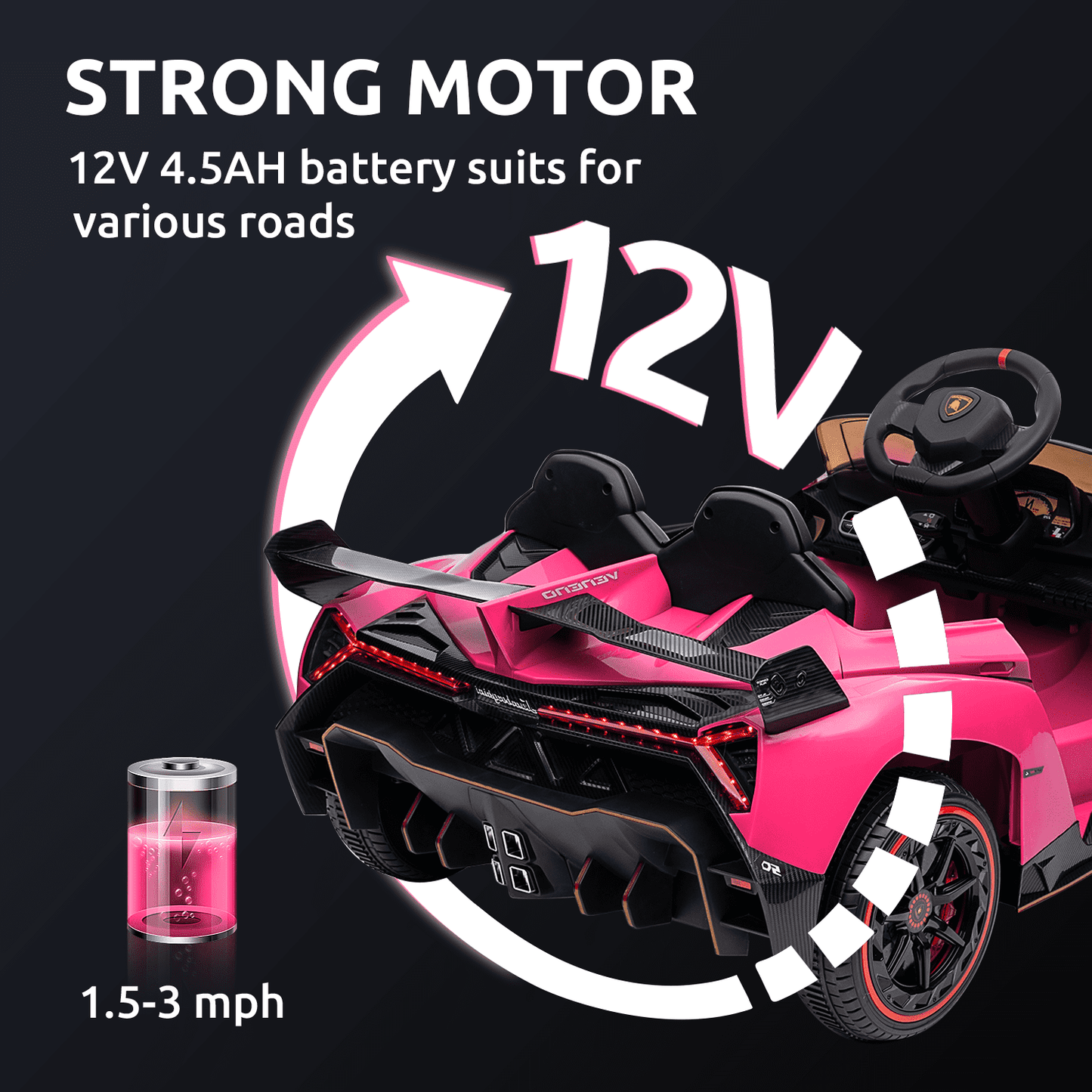 Track 7 12V Kids Ride on Car, Licensed Lamborghini Veneno Electric Car with Remote Control, Music, Age 3+, Pink