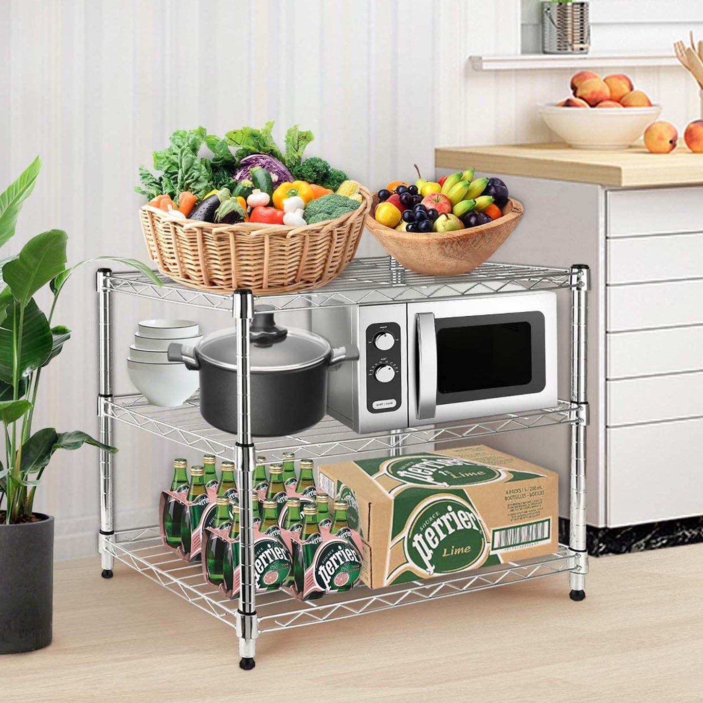 COOKCOK 3-Tier Wire Shelving,24"D x 12"W x 22"H Storage Shelves with Wheels,Metal Shelf,Garage Shelf for Storage