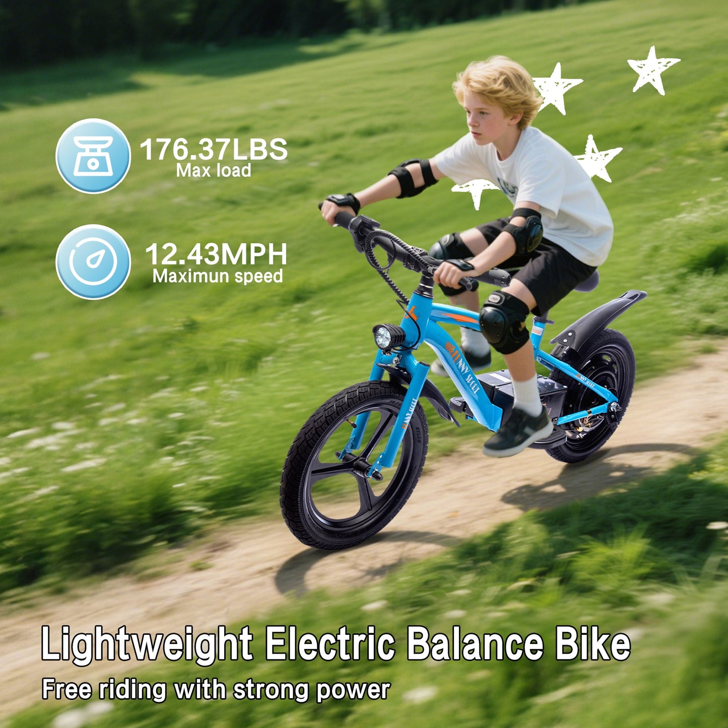 Track Seven 24V 300W Electric Bike, Teens Off-Road Mini Bike, Adjustable Seat (Age 5+), 16" Wheels, 12.43 MPH Top Speed, LED Headlight & Hand Brakes, Blue