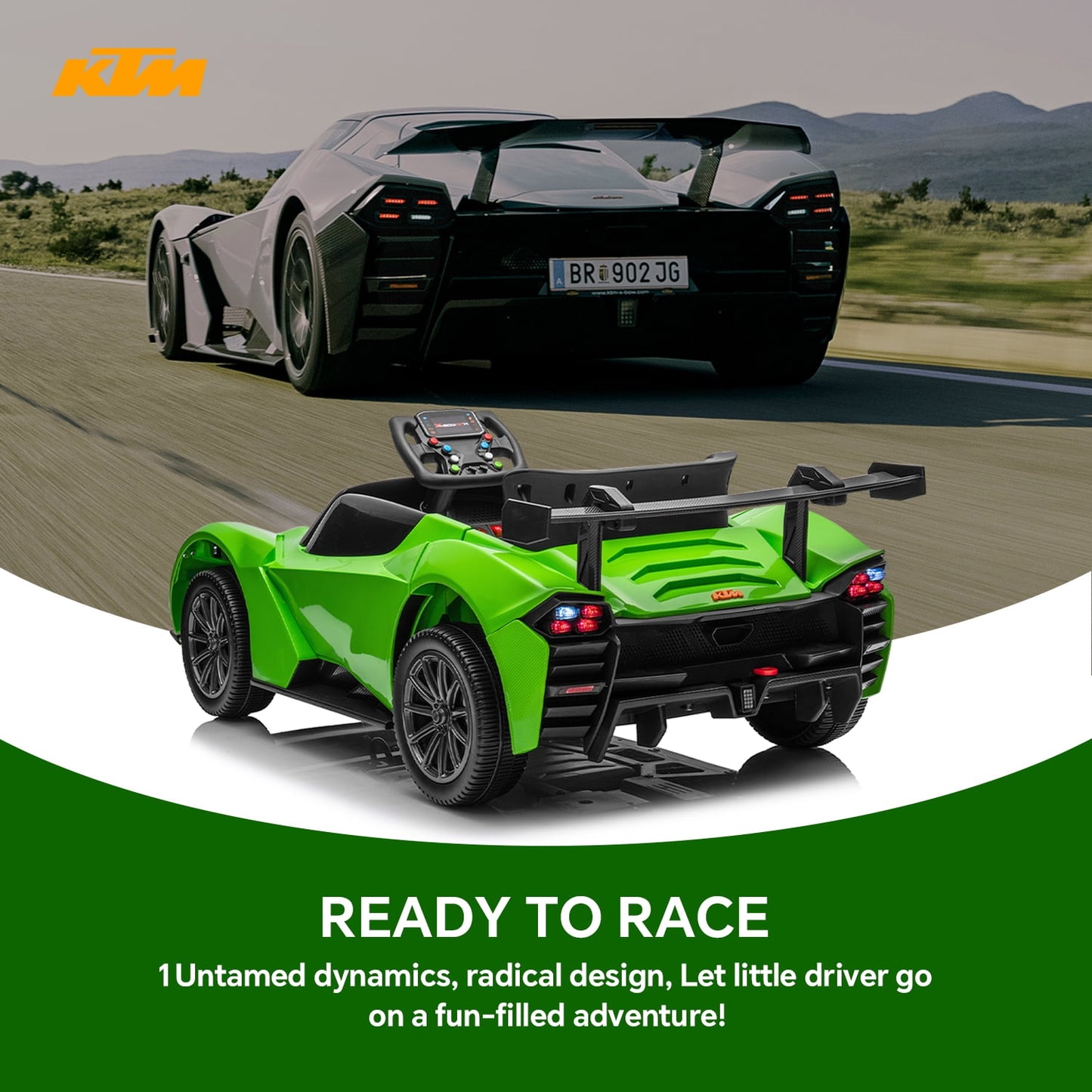 Track Seven 12V Ride on Car with Remote Control, Licensed KTM X-BOW GTXR Electric Car for Kids Age 3+, Music, Bluetooth, Lights, Green