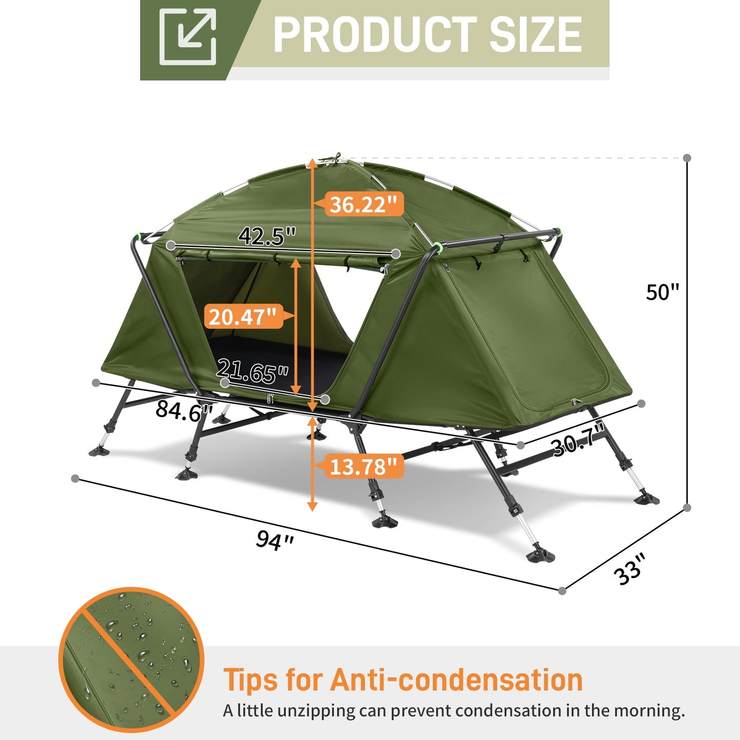COOKCOK Camping Tent, with Storage Bag, Adjustable Feet, Iron Stands, Camping Bed, 84.6"x 34.5"x 49.2", Army Green