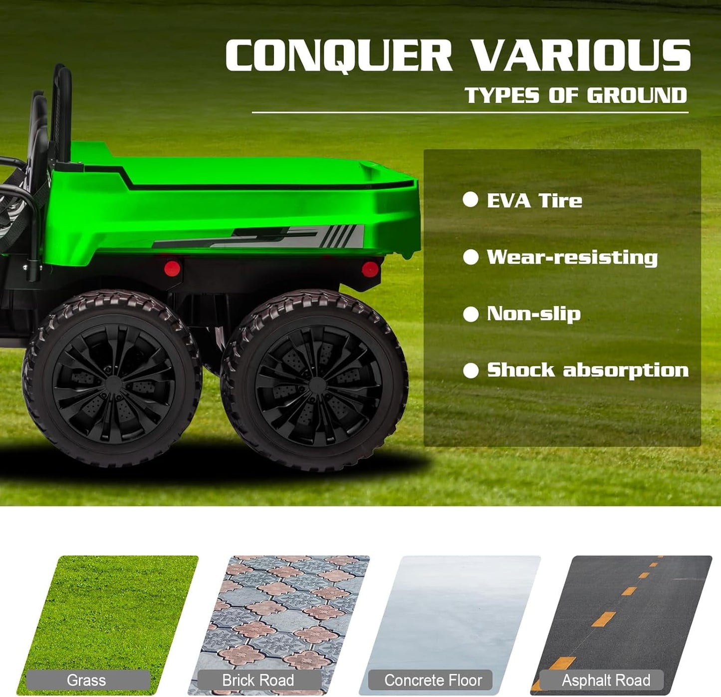Track Seven 24V Ride on Car, 2-Seater Ride On Dump Truck, 6 Wheels Electric Car with Remote Control, Music, Shift Lever, off-Road Ride on UTV, Green
