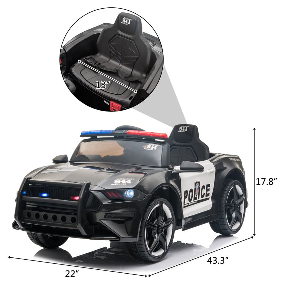 Track 7 12V Kids Police Sports Car, 2.4GHZ Remote Control, LED Lights, Siren, Microphone, Black