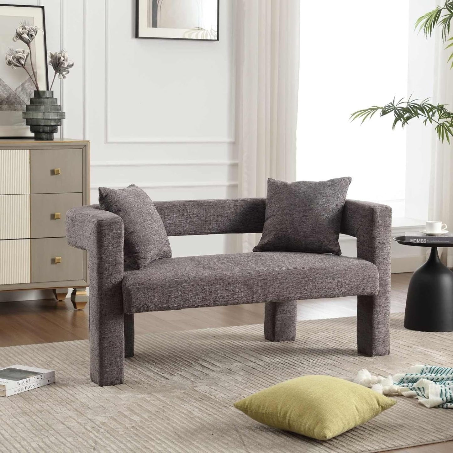 BISHE Modern Chenille Loveseat Sofa, Plush 2-Seater Couch for Small Spaces, Upholstered Accent Sofa Bed with Soft Fabric, Compact Apartment Sofa for Living Room & Bedroom, Grey