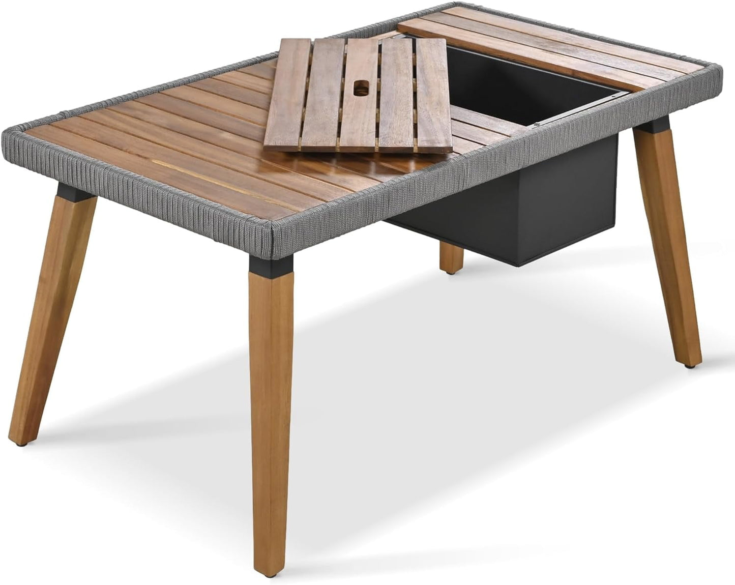 COOKCOK Patio Conversation Set, 6-Piece Rope Outdoor Furniture Set, Section Sofa Set with Acacia Wood Cool Bar Table with Ice Bucket, for Backyard/Porch/Balcony, Gray