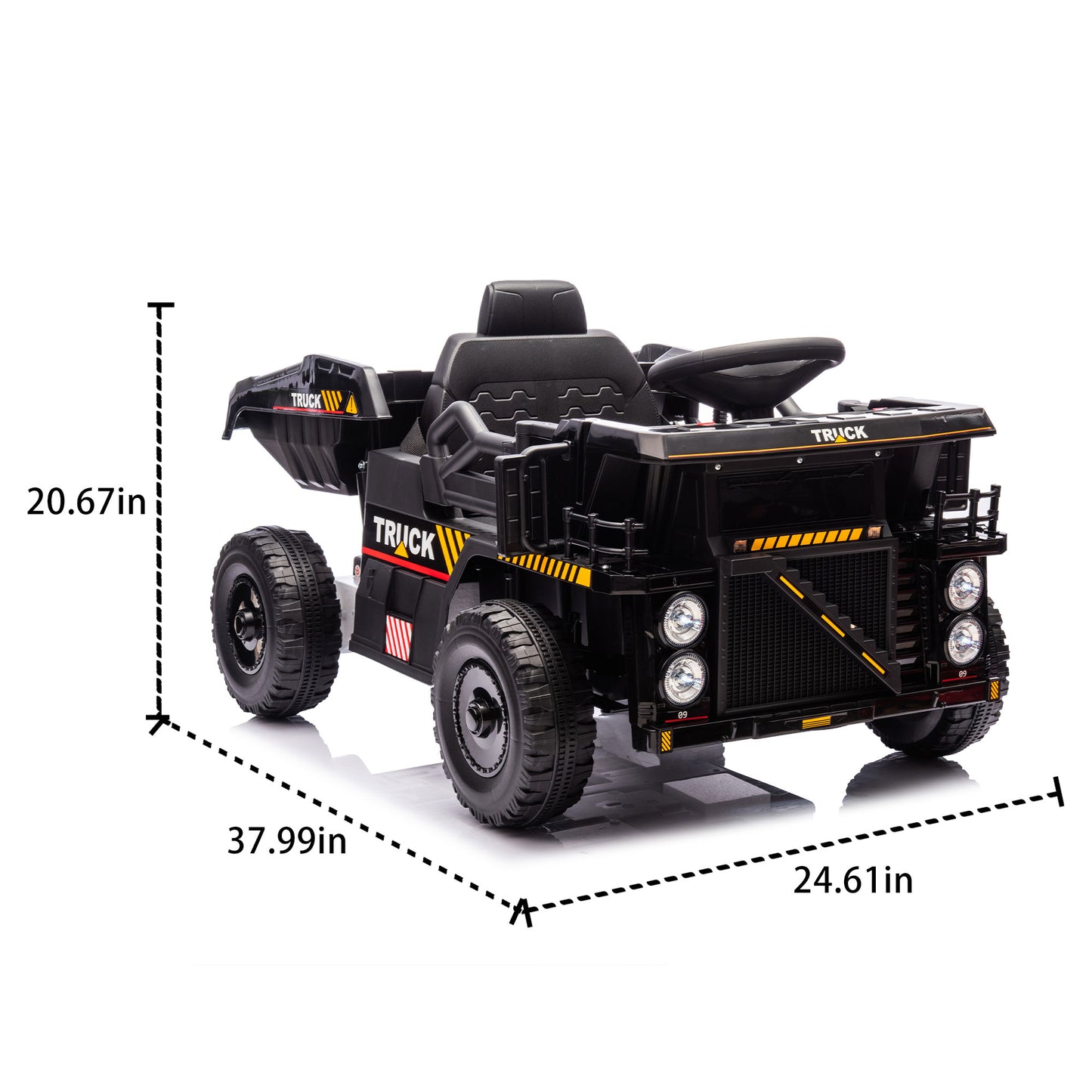 Track Seven 12V Electric Ride-On Dump Truck, Parental Remote Control, 2WD Rear-Wheel Suspension, Electric Dump Bed & Bonus Shovel, Bluetooth Multimedia, Adjustable Volume & Speed, LED Lighting, Black