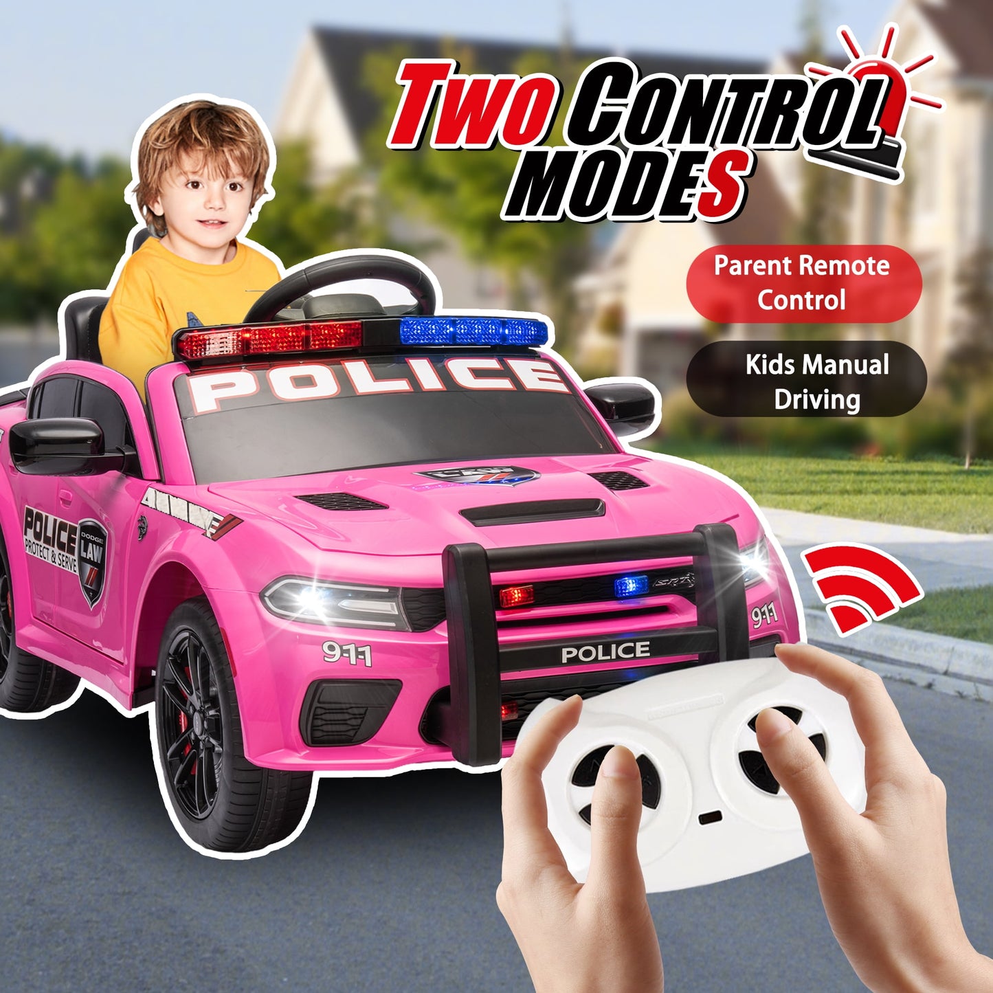 Track 7 Licensed Dodge Charger SRT Ride on Car, 12V Kids Ride on Police Car with Remote Control, Music, Alarm Lights, Megaphone, Electric Car for Kids Age 3+, Pink