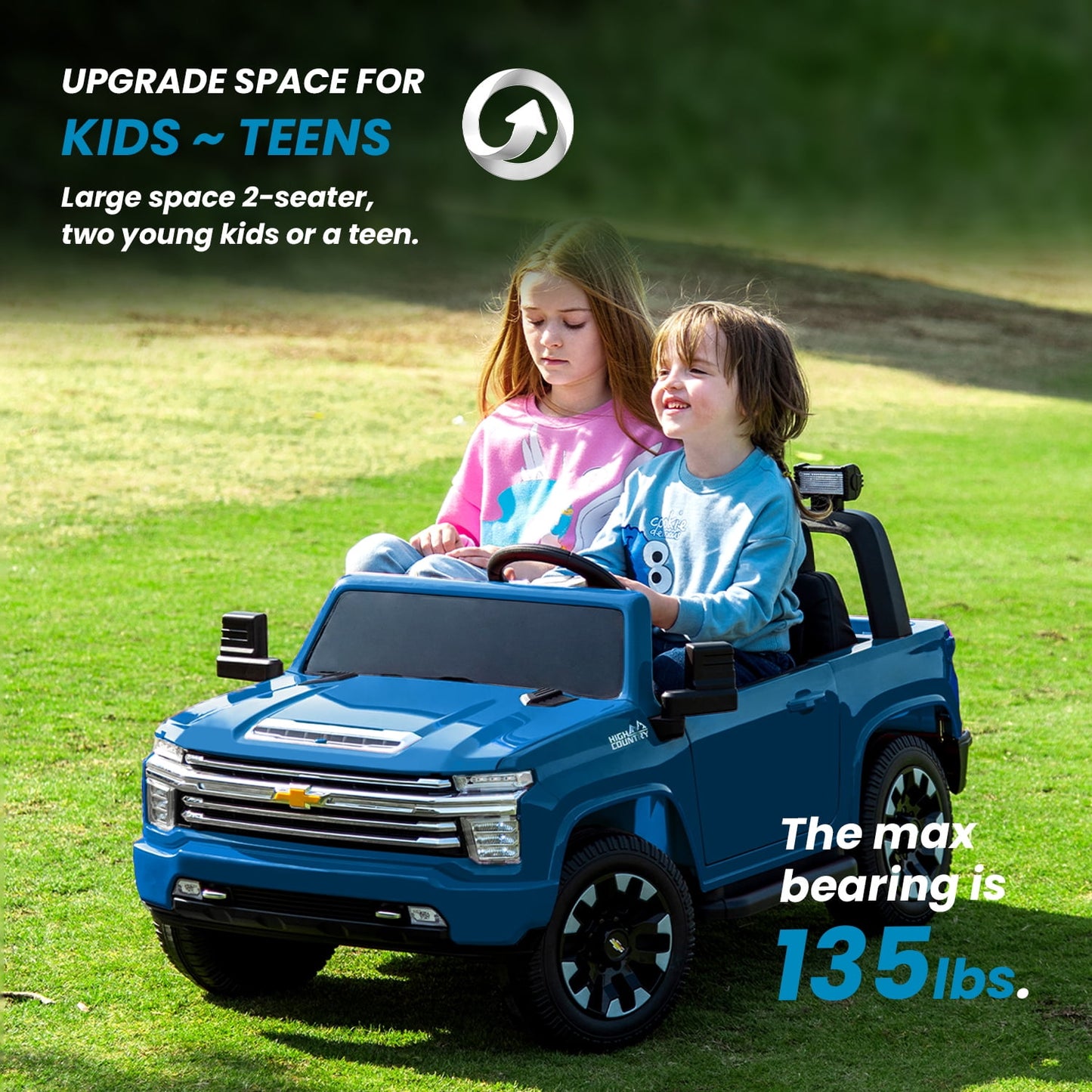 Track Seven 24V Ride on Car, Licensed Silverado HD 2 Seater Electric Car for Boys Girls Age 3+, 24V Ride on Truck w/Remote Control, Music, ABC, Blue