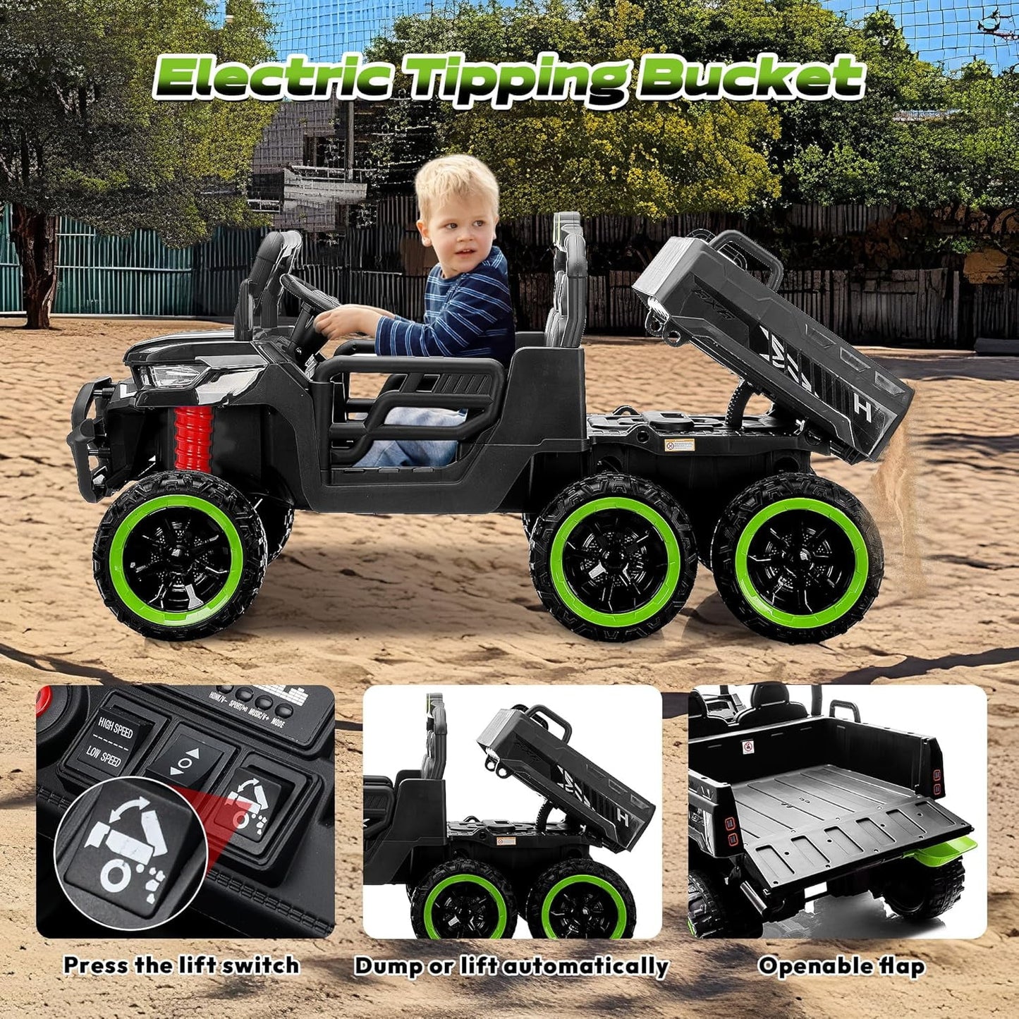 Track Seven 24V 2-Seater Ride on Dump Truck, 4WD 6-Wheel Kids Ride on Car w/Remote Control, Electric Dump Bed, Toy Shovel, Music, Max Speed 5 mph, 21" Large Seat, Ride on Toy for Kids Age 3+, Black
