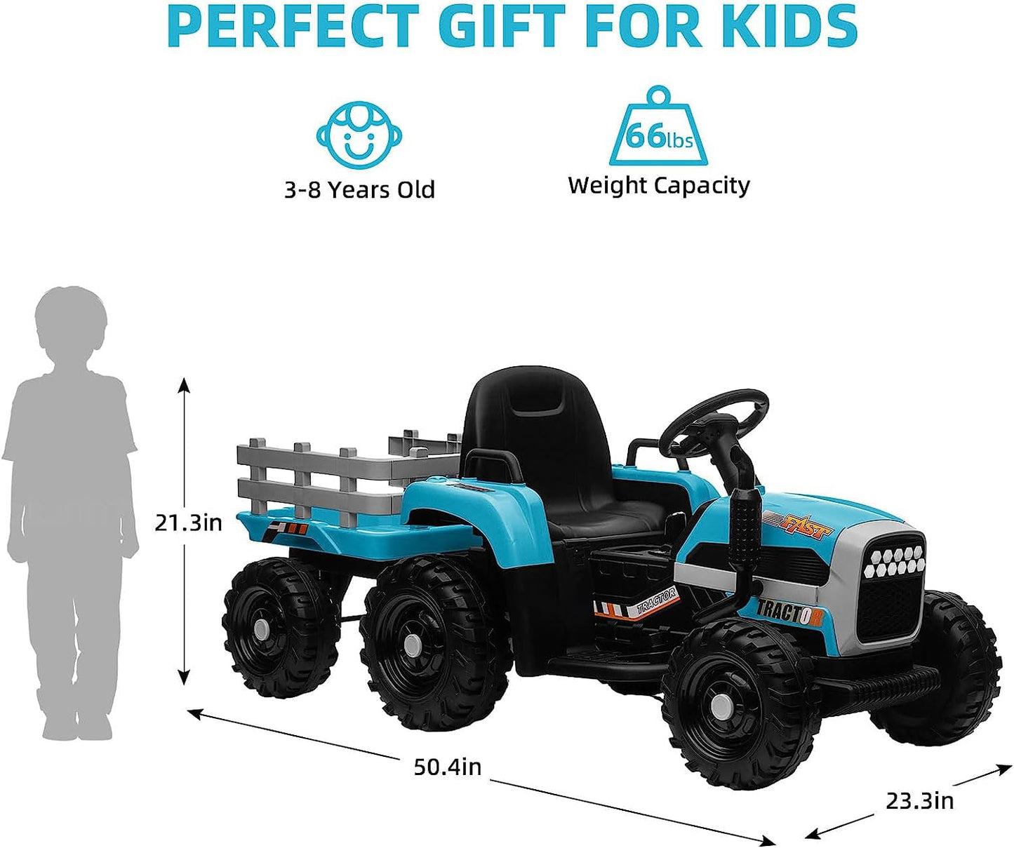 Track Seven 24V Ride on Tractor with Trailer, 400W Motor, 6-Wheels Ride on Truck Car with Remote Control, Music, Lights, Electric Tractor Max Speed 5 mph, Blue