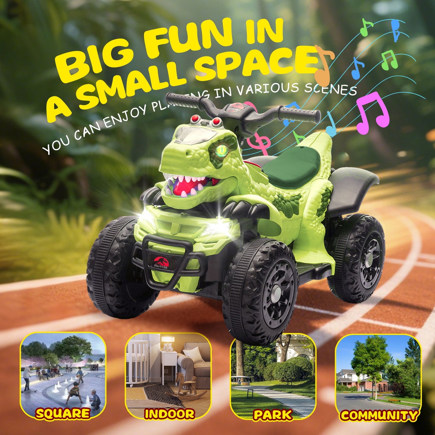 Track Seven 12v Ride-On Electric ATV, Dinosaur Shape Car, 2WD, Music, Bluetooth & Microphone, Power Display, Indoor& Outdoor Ride-On Toy for Boys Girls Age 2-5, Green