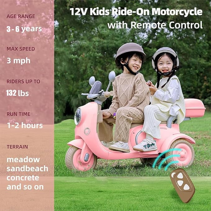 Track Seven 12V Kids Ride on Motorcycle, 3 Wheels Powered Motorbike for Kids Ride with Mp3, Bluetooth, Headlight, Storage Box for Kids Aged 3+, Pink