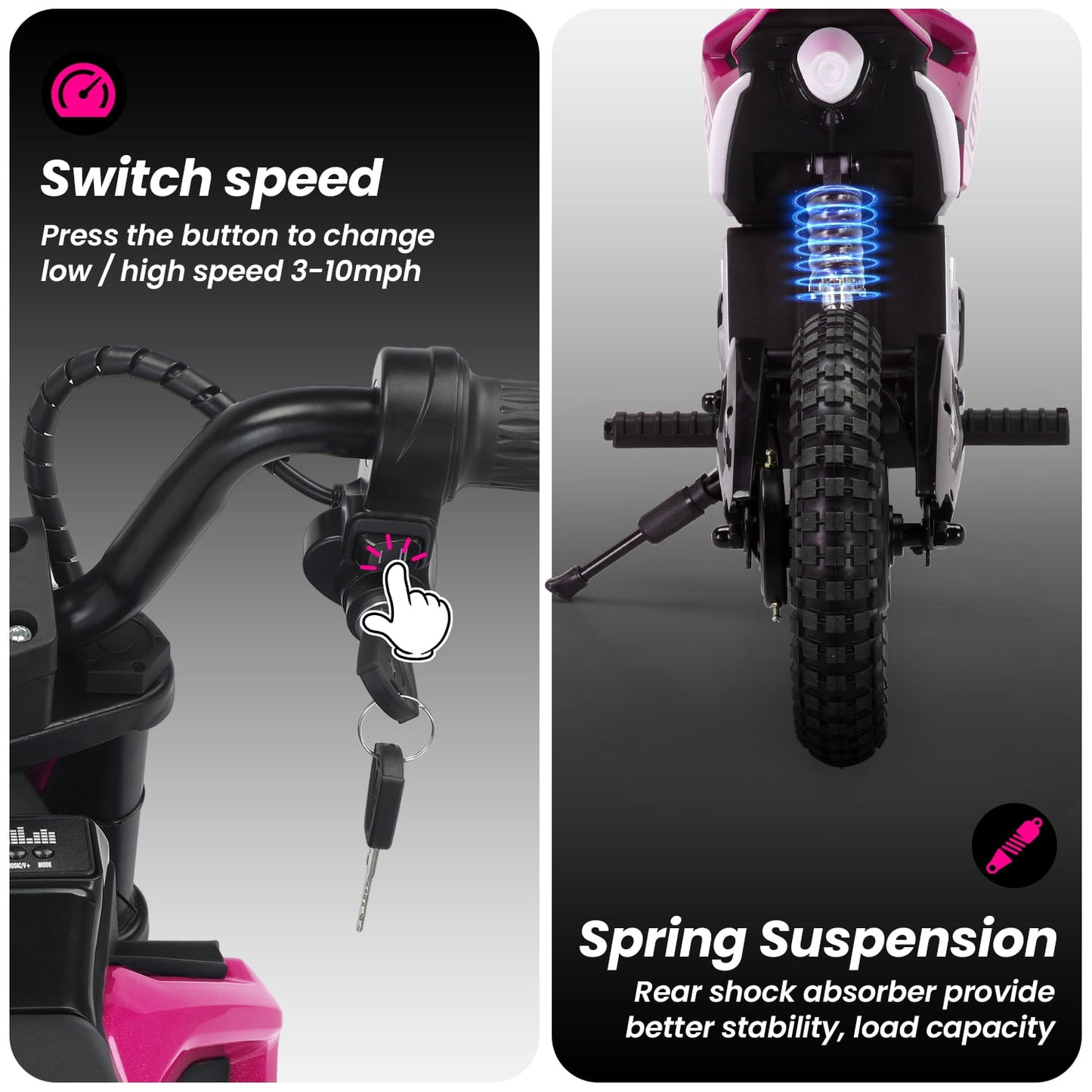 Track Seven 24V Electric Dirt Bike, 200W Motocross Ride on Motorcycle with Hand Operated Brakes, Adjustable Speed, LED Lamp, Music, Max Speed 10mph, Electric Motorcycle for Kids Age 5+, Pink