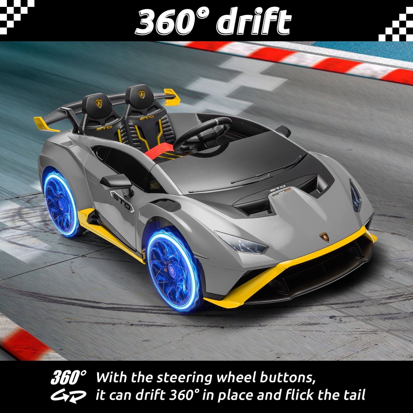 Track Seven 24V Kids Ride on Car, Licensed Lamborghini STO Electric Car for Boys Girls, 2-Seater Ride on Drift Car with Remote Control, Music, 360° Spin, Max Speed 6mph, Grey