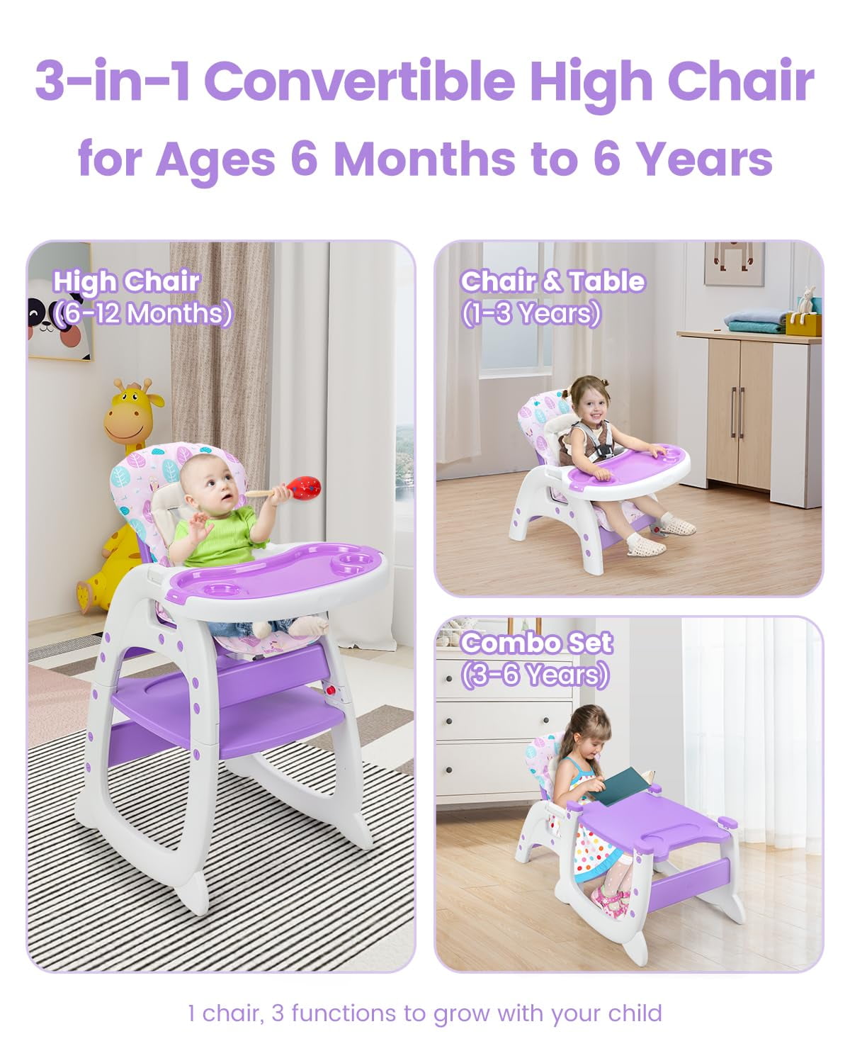 Track Seven 3-in-1 Convertible Baby High Chair for Toddlers, Adjustable Feeding Chair, Detachable Trays , Baby Feeding Chair with Detachable Trays,5-Point Safety Buckle,Pink