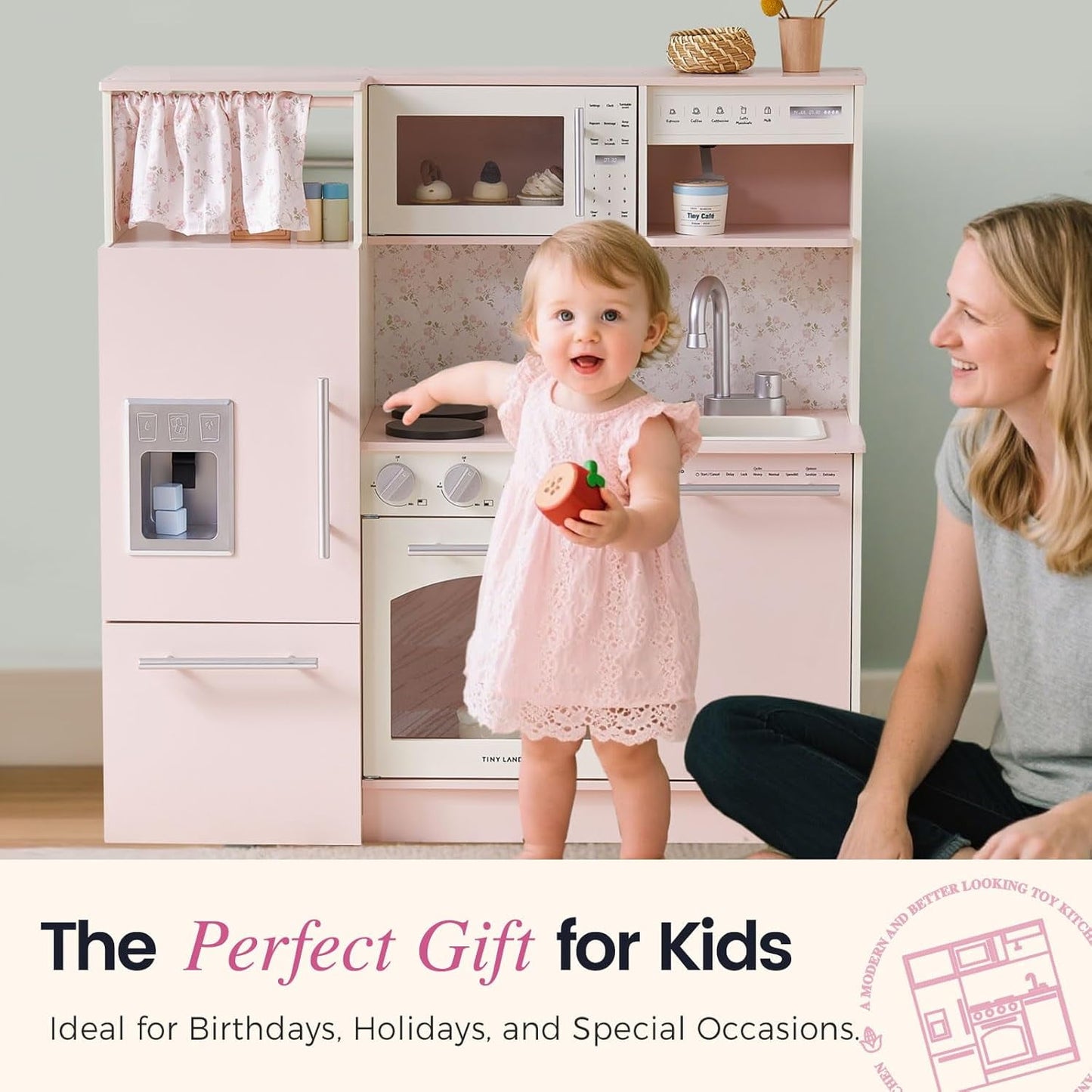 Track Seven Play Kitchen for Kids, Upgraded Wooden Kitchen Toy with Complete Play Areas, Pretend Cooking Set with Sink, Stove, Microwave, Toy Coffee Station & Storage for Kids Ages 3+, Pink