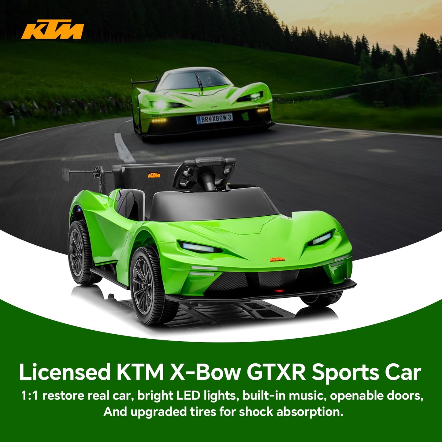 Track Seven 12V Ride on Car with Remote Control, Licensed KTM X-BOW GTXR Electric Car for Kids Age 3+, Music, Bluetooth, Lights, Green